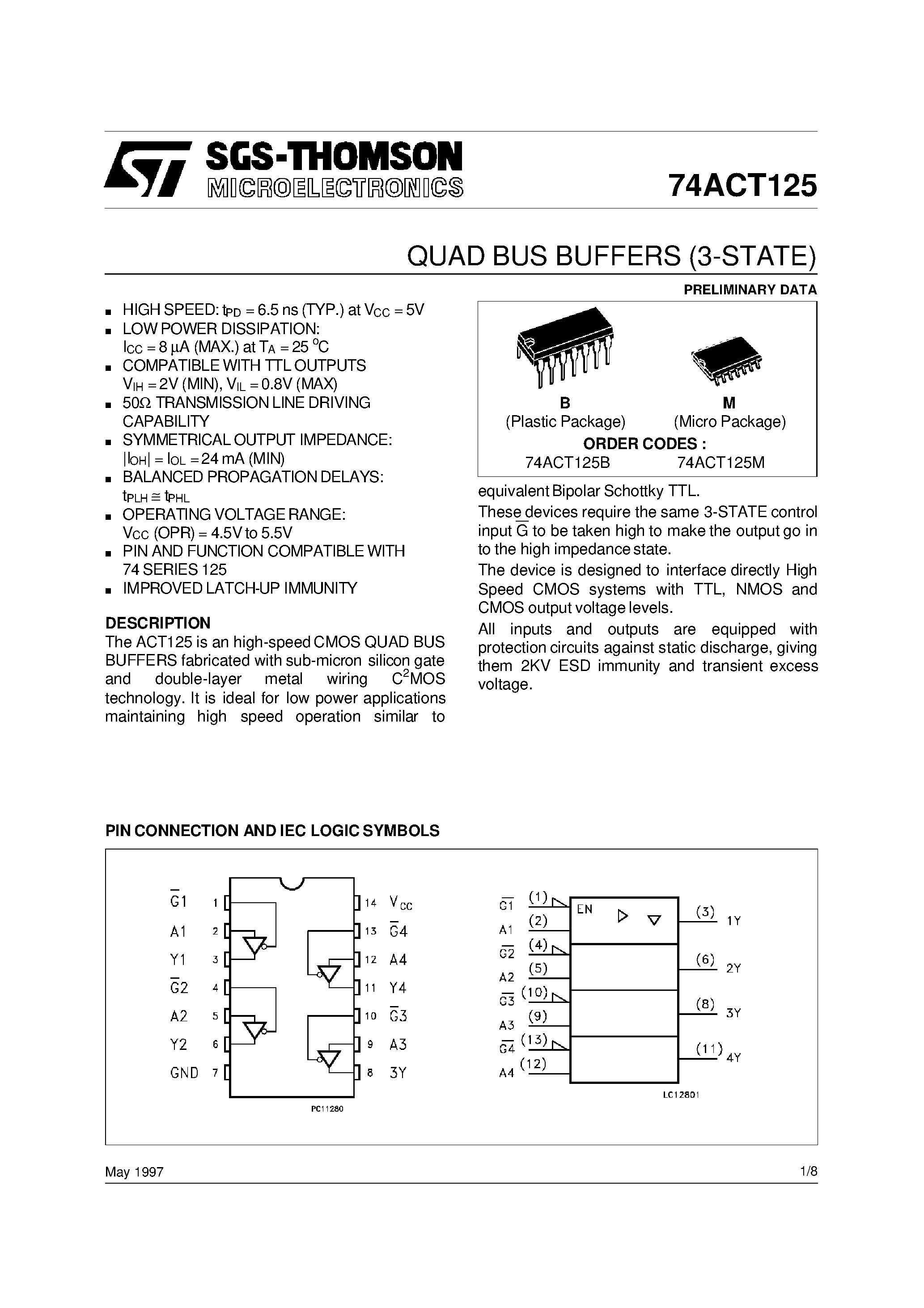 Datasheet 74ACT125MTC - Quad Buffer with 3-STATE Outputs page 1