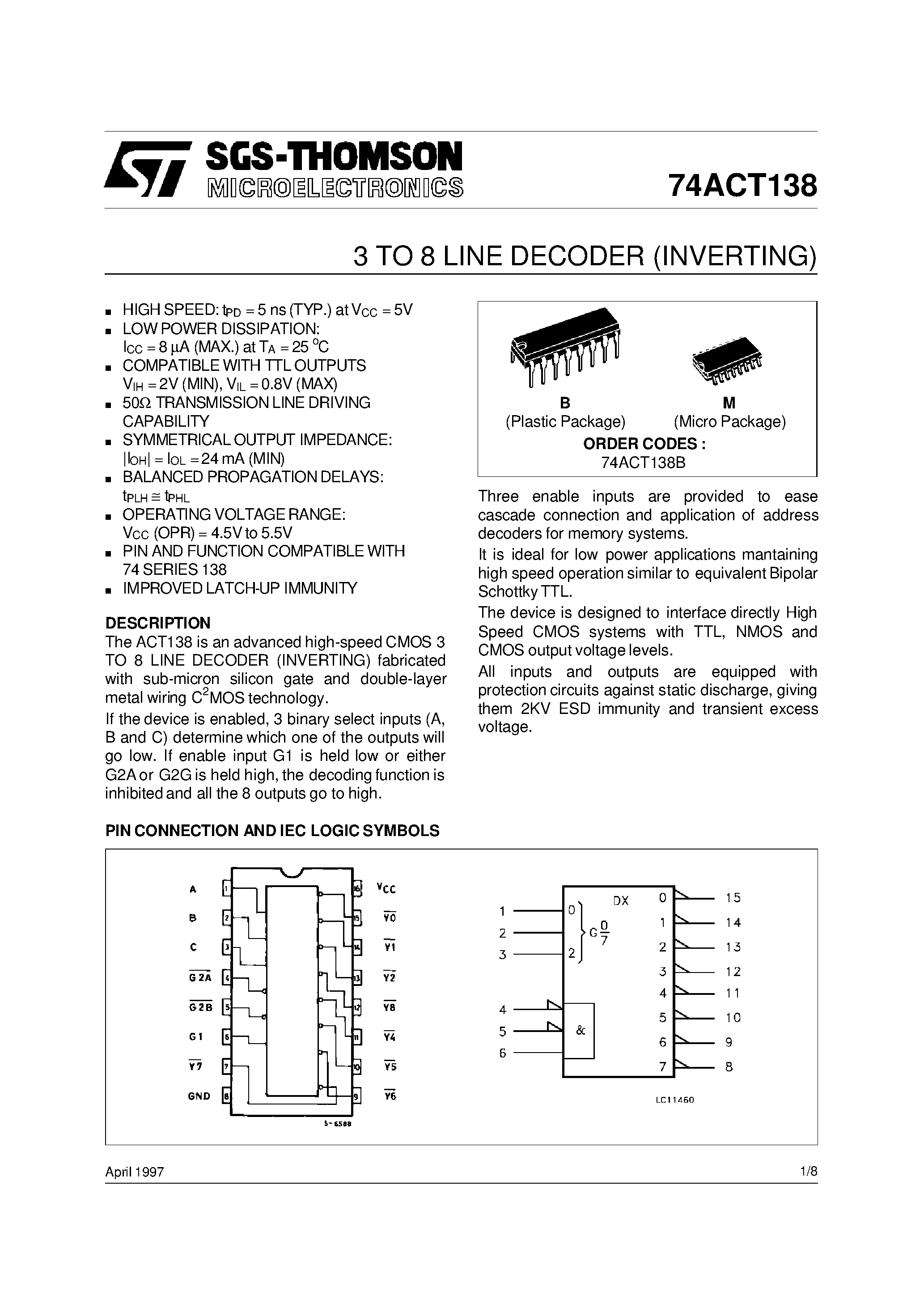 Даташит на микросхему 74ACT138PC страница 1 Даташит 74ACT138PC - 1-of-8 Decoder/Demultiplexer страница 1