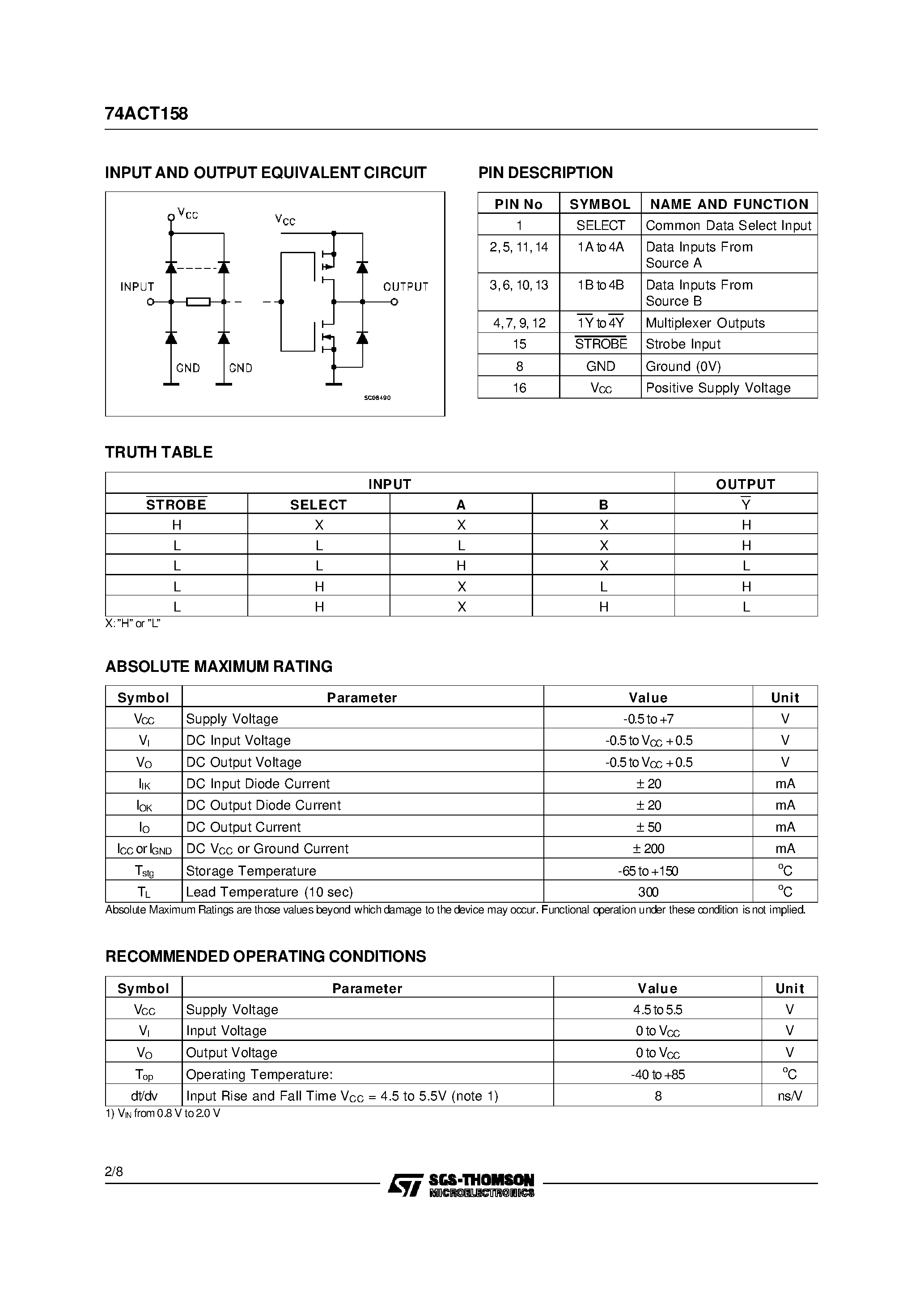 Datasheet 74ACT158 page 2 Datasheet 74ACT158 - Quad 2-Input Multiplexer page 2