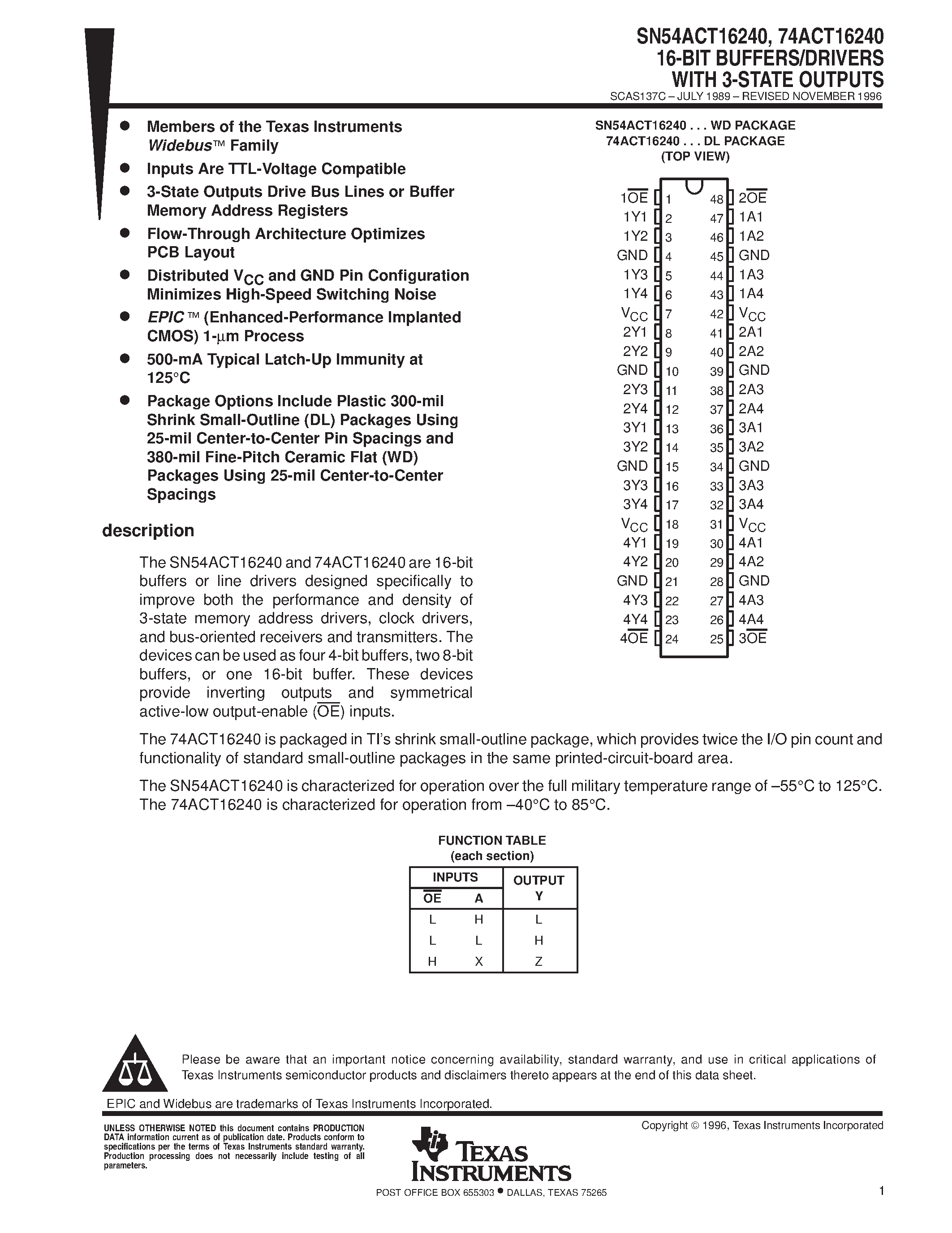 Datasheet 74ACT16240MTD - 16-Bit Inverting Buffer/Line Driver with 3-STATE Outputs page 1