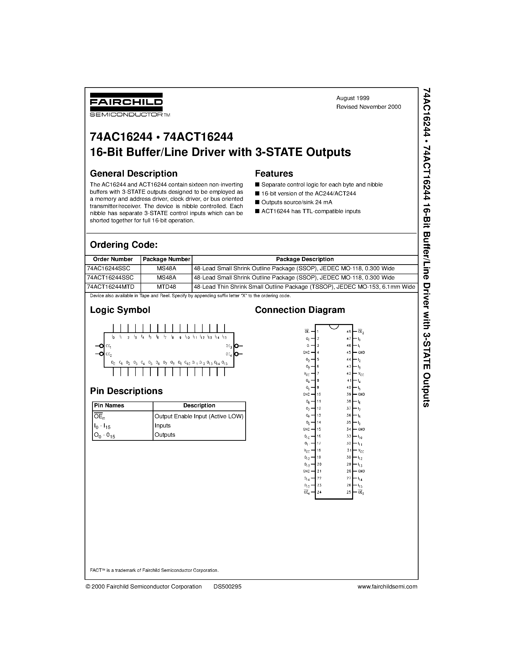 Datasheet 74ACT16244MTD - 16-Bit Buffer/Line Driver with 3-STATE Outputs page 1