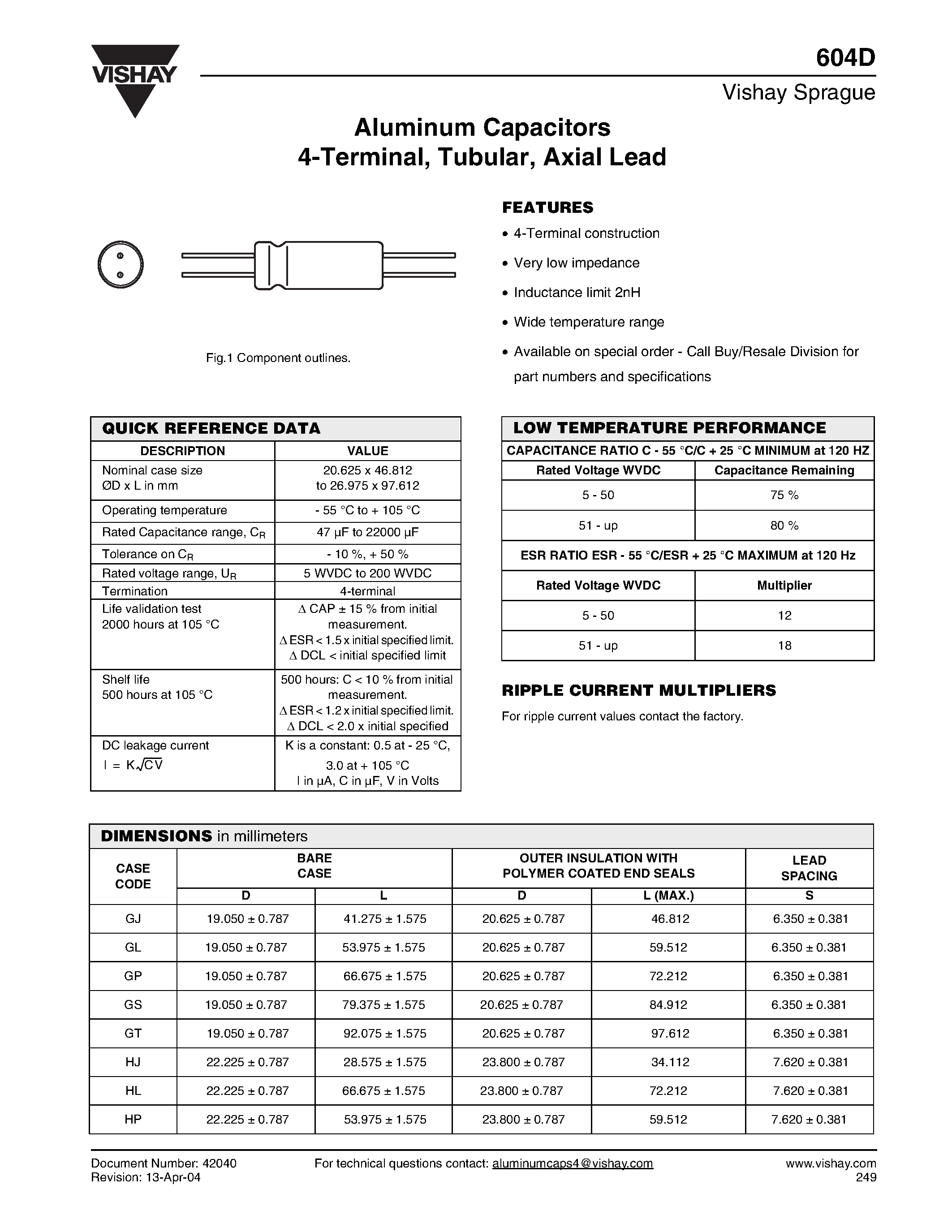 Datasheet 604D272F005GJ7 - Aluminum Capacitors 4-Terminal/ Tubular/ Axial Lead page 1