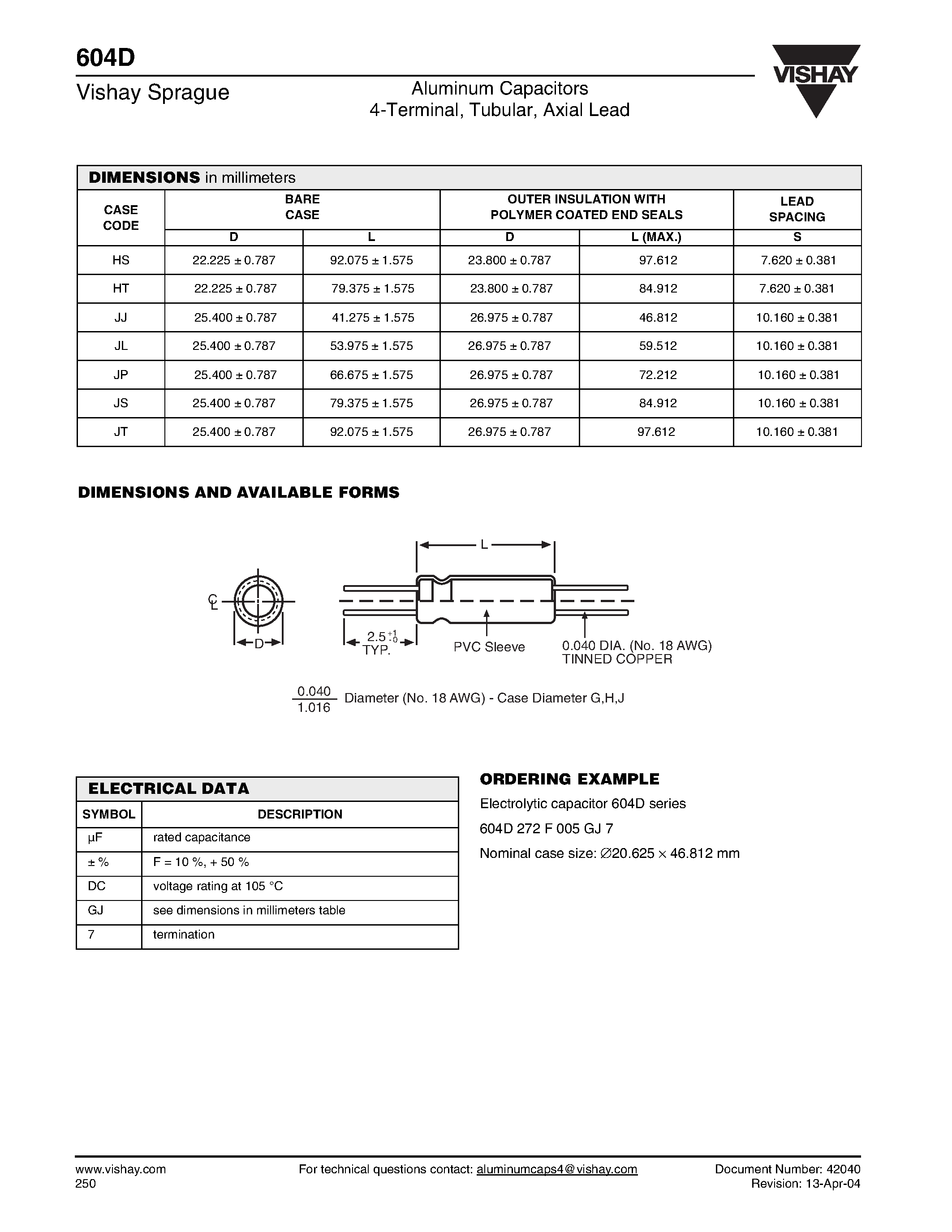 Datasheet 604D272F005GJ7 - Aluminum Capacitors 4-Terminal/ Tubular/ Axial Lead page 2
