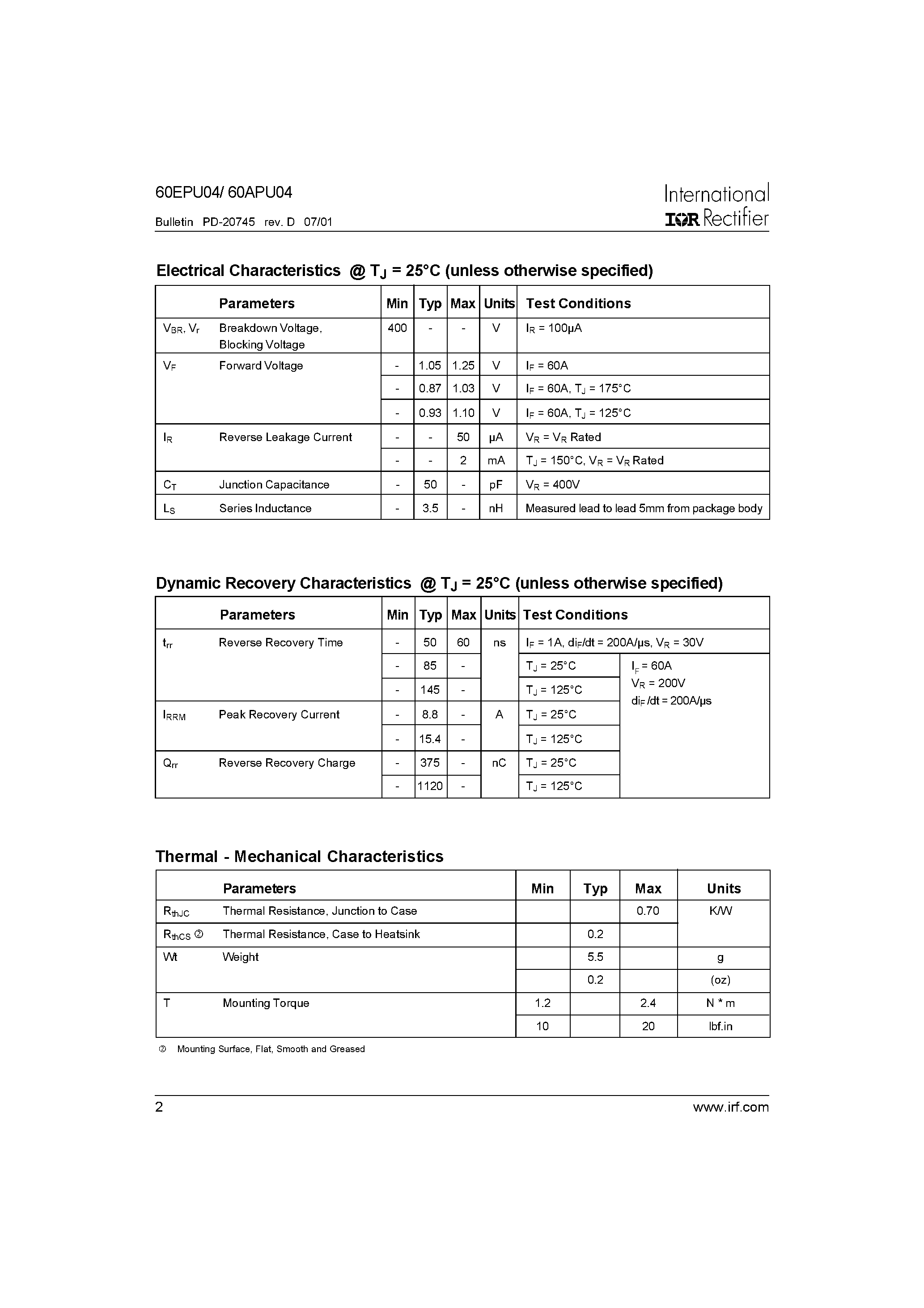Даташит на микросхему 60APU04 страница 2 Даташит 60APU04 - Ultrafast Soft Recovery Diode страница 2