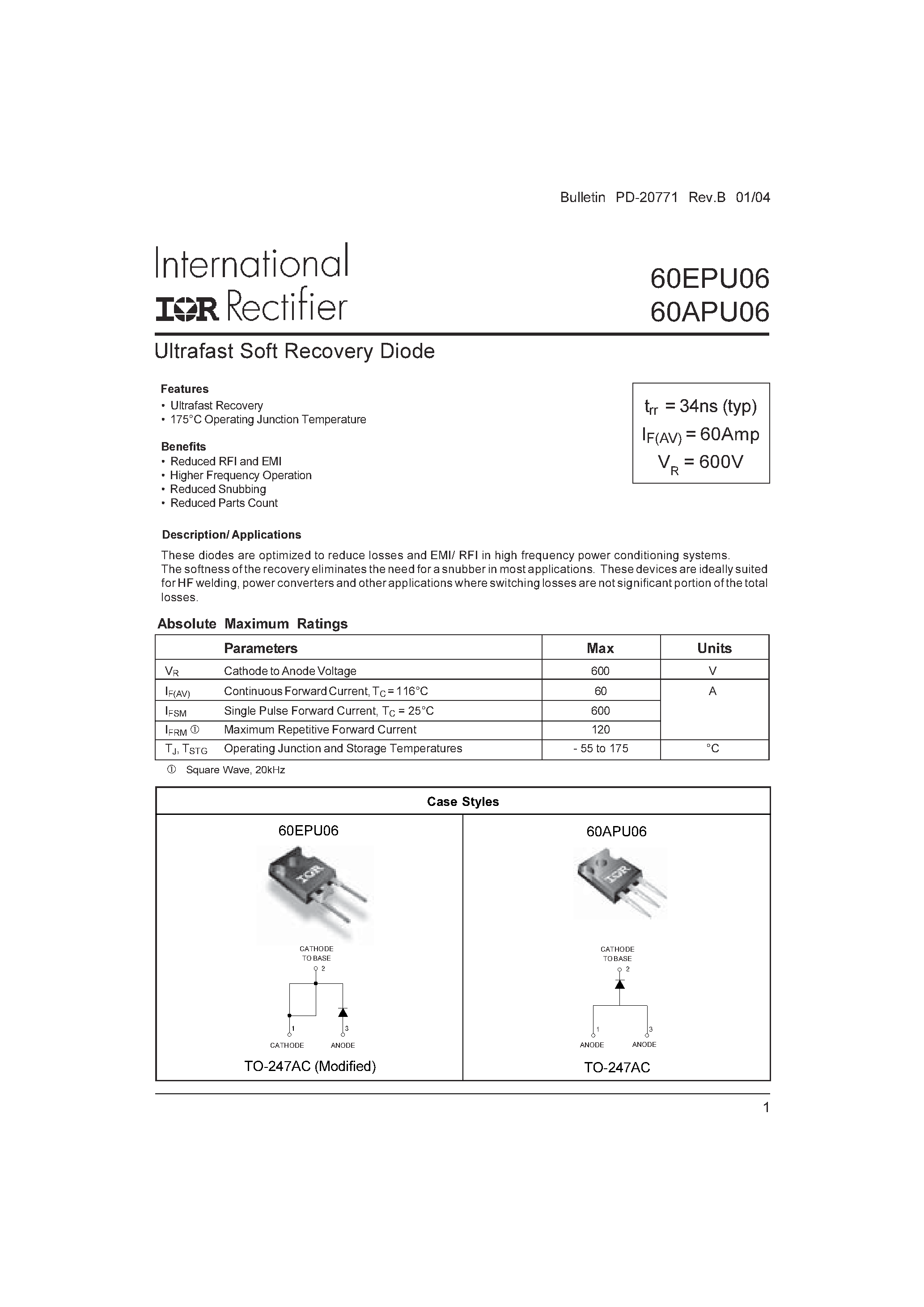 Datasheet 60APU06 page 1 Datasheet 60APU06 - ULTRAFAST SOFT RECOVERY DIODE page 1