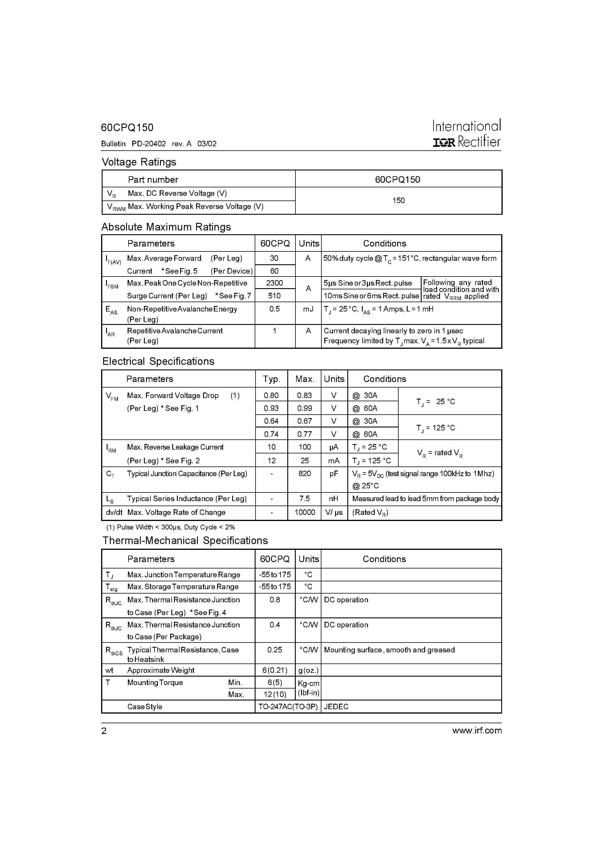 Datasheet 60CPQ150 page 2 Datasheet 60CPQ150 - SCHOTTKY RECTIFIER page 2