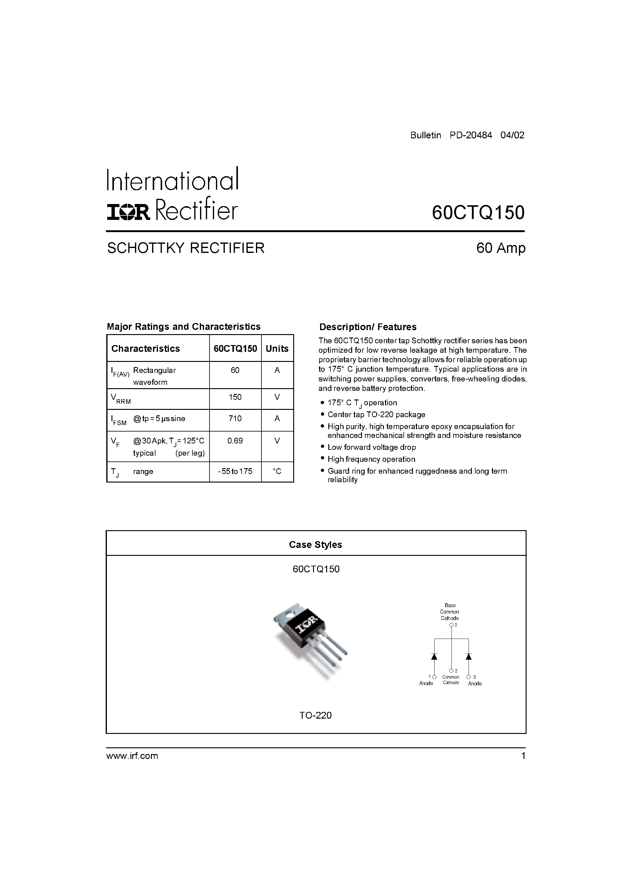 Datasheet 60CTQ150 - SCHOTTKY RECTIFIER page 1