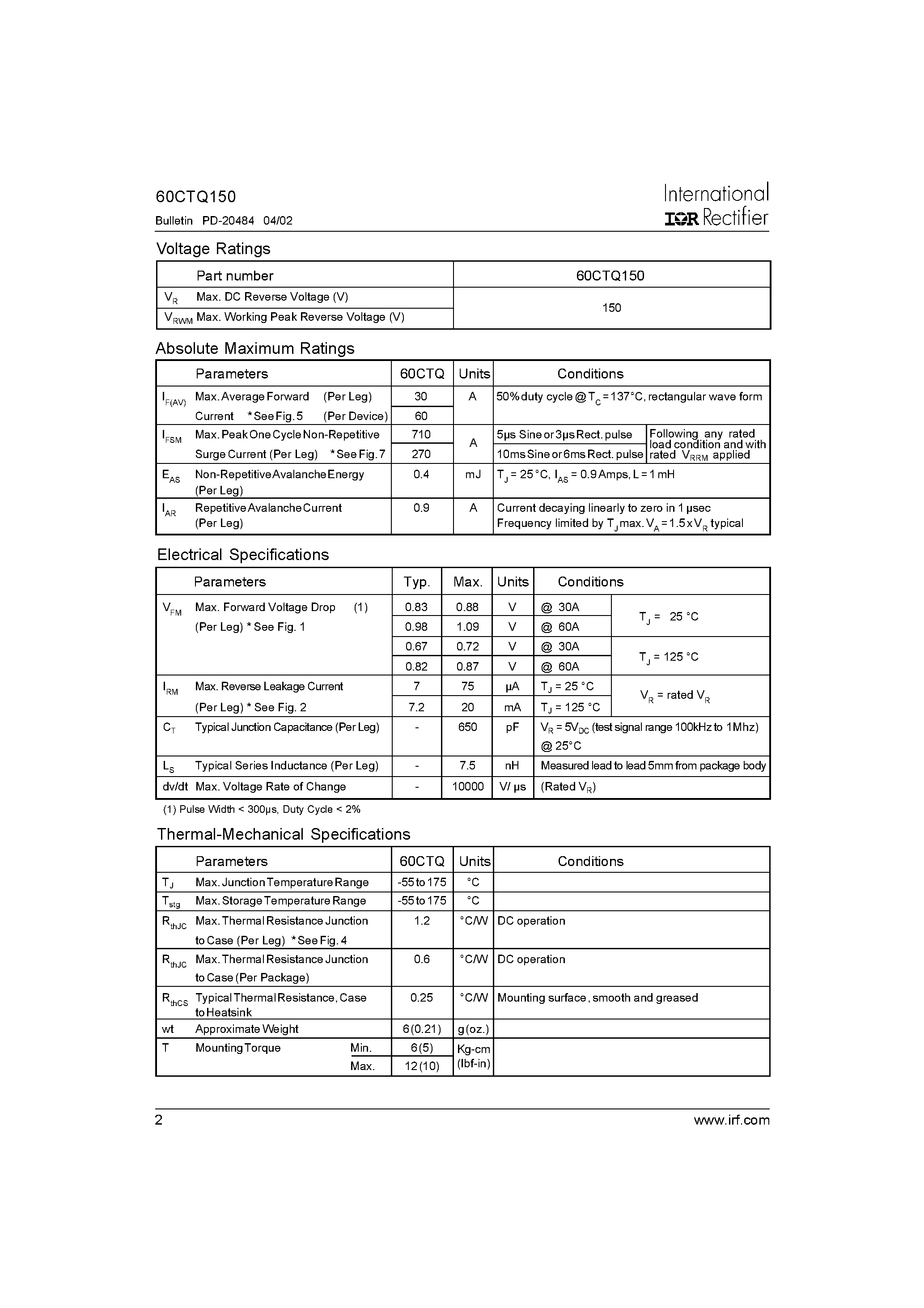 Datasheet 60CTQ150 - SCHOTTKY RECTIFIER page 2