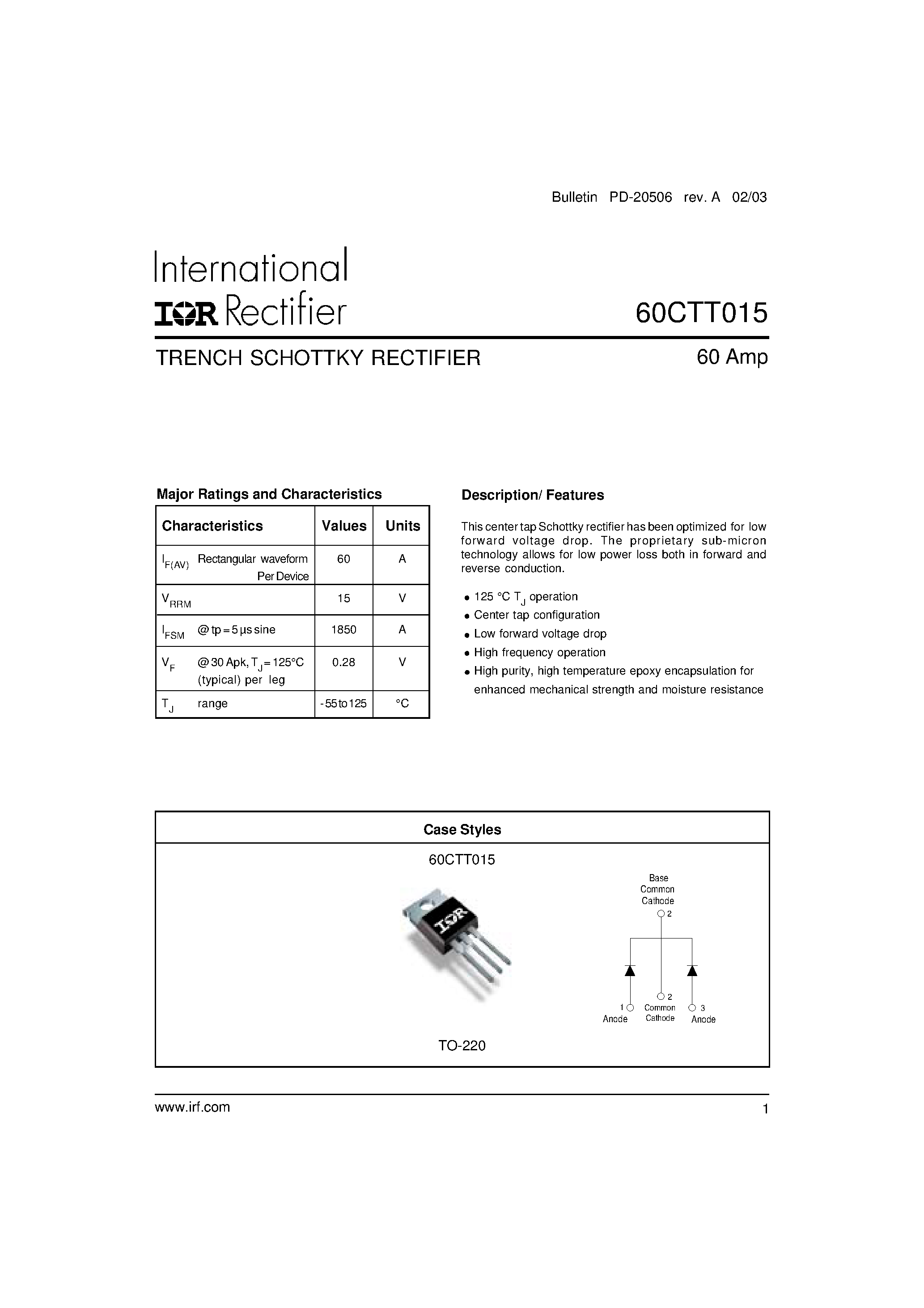 Datasheet 60CTT015 page 1 Datasheet 60CTT015 - TRENCH SCHOTTKY RECTIFIER page 1