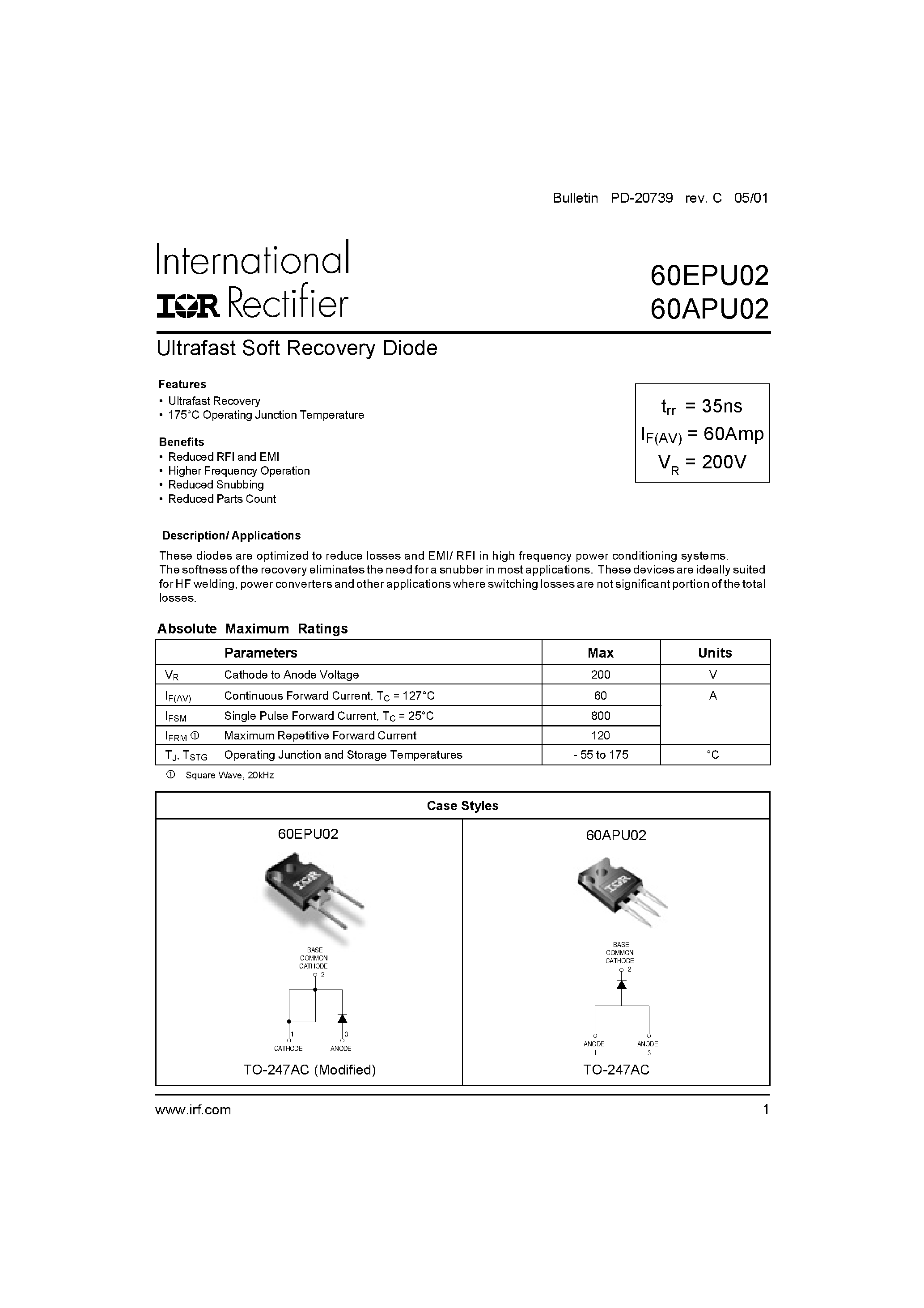 Datasheet 60EPU02 page 1 Datasheet 60EPU02 - Ultrafast Soft Recovery Diode page 1
