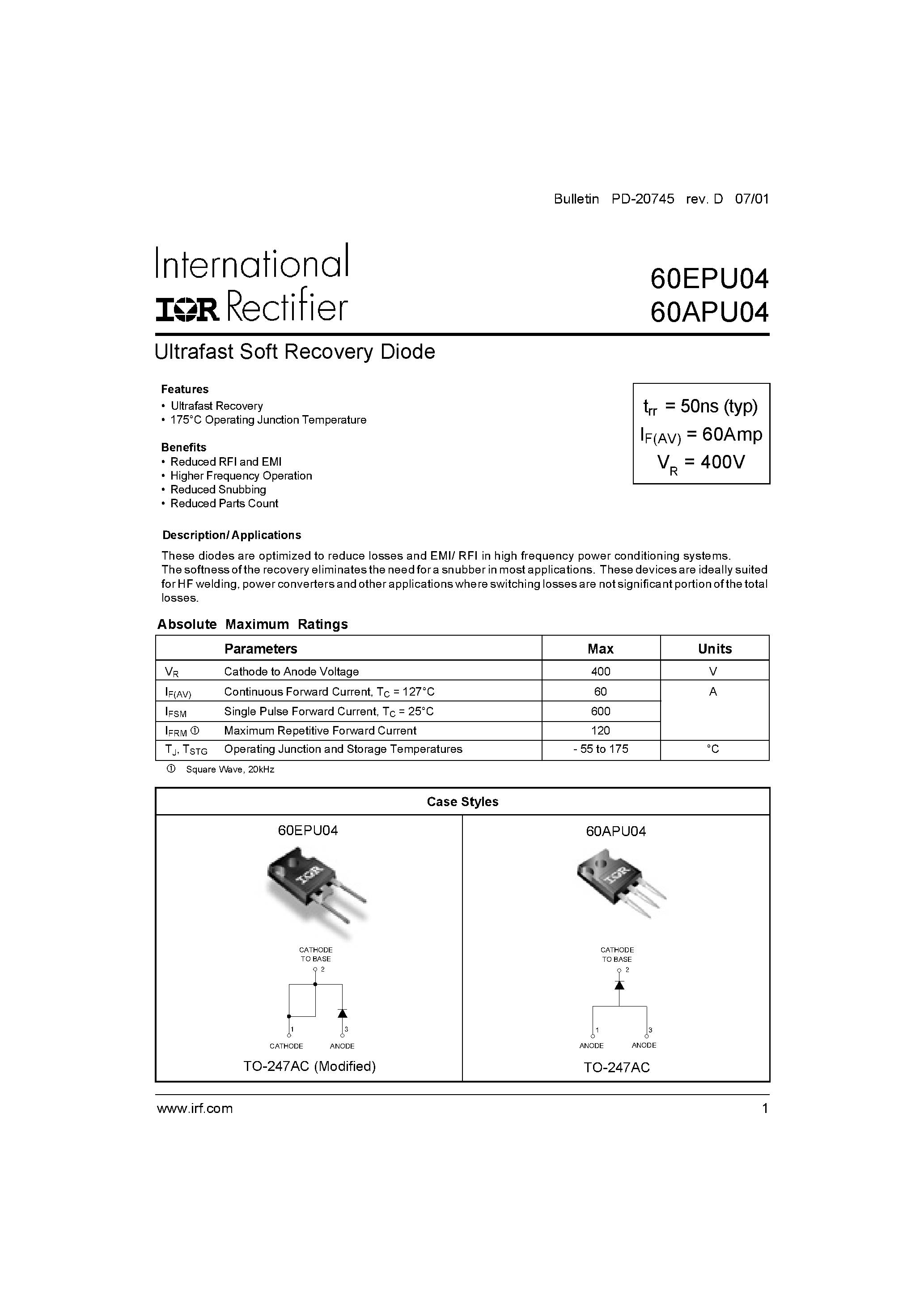 Datasheet 60EPU04 - Ultrafast Soft Recovery Diode page 1