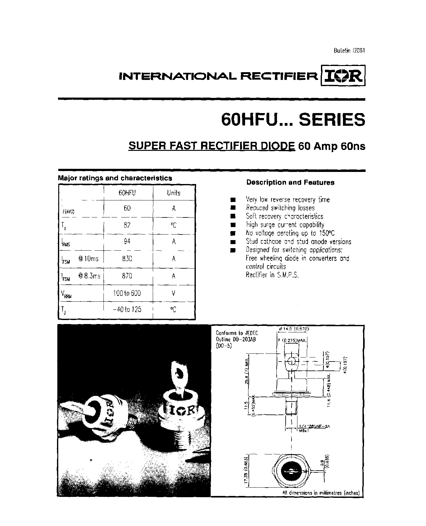Datasheet 60HFU-100 page 1 Datasheet 60HFU-100 - SUPER FAST RECTIFER DIODE page 1