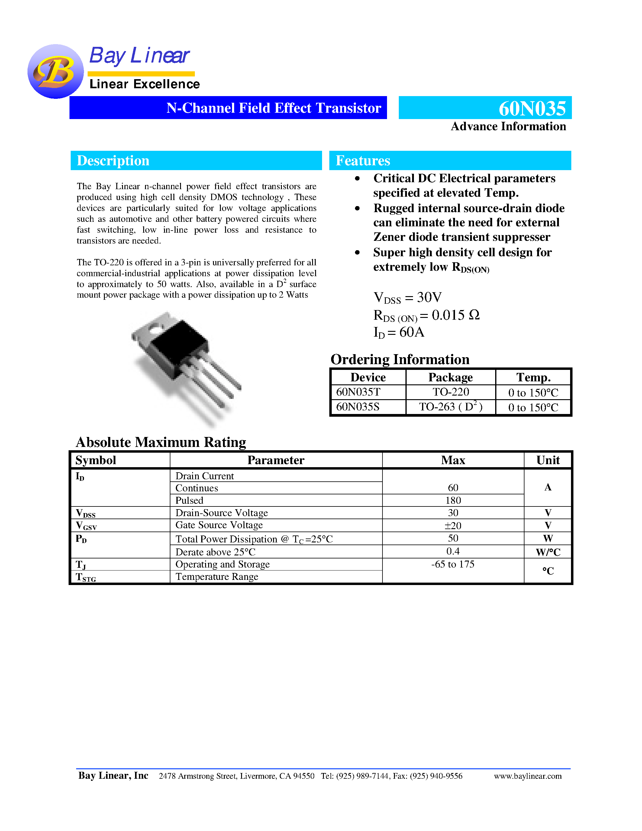 Даташит на микросхему 60N035 страница 1 Даташит 60N035 - N-Channel Field Effect Transistor страница 1