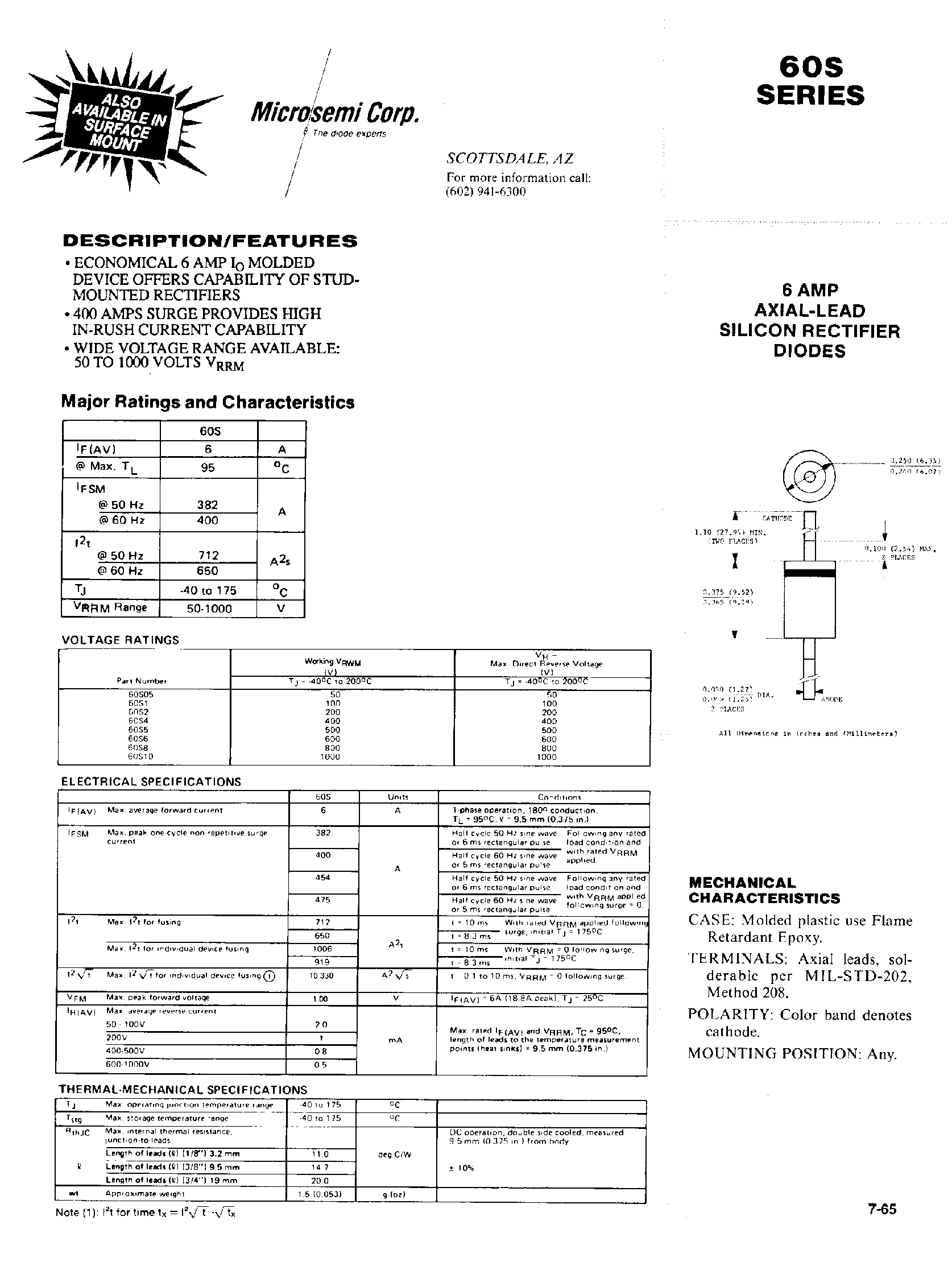 Datasheet 60S5 - 6 AMP AXIAL-LEAD SILICON RECTIFIER DIODES page 1