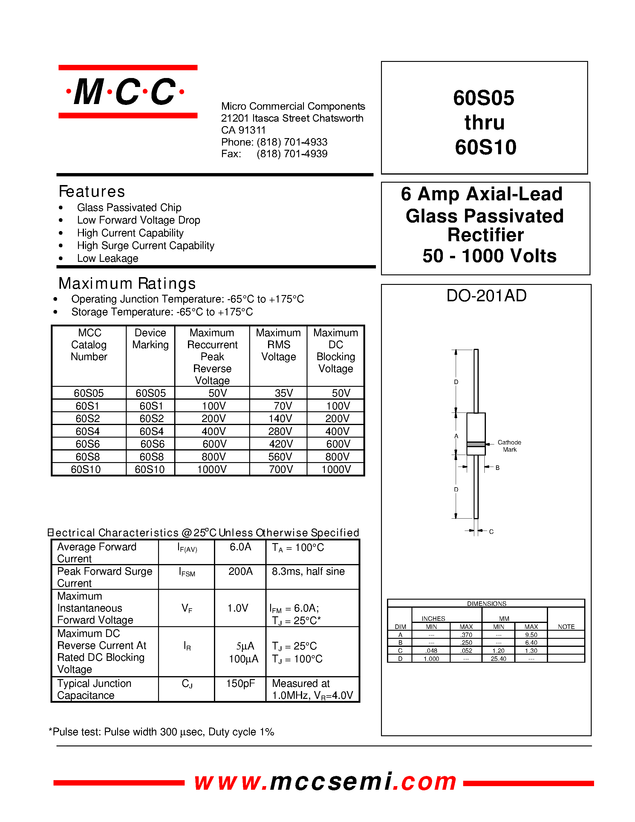 Datasheet 60S8 page 1 Datasheet 60S8 - Rectifier 50 - 1000 Volts 6 Amp Axial-Lead Glass Passivated page 1