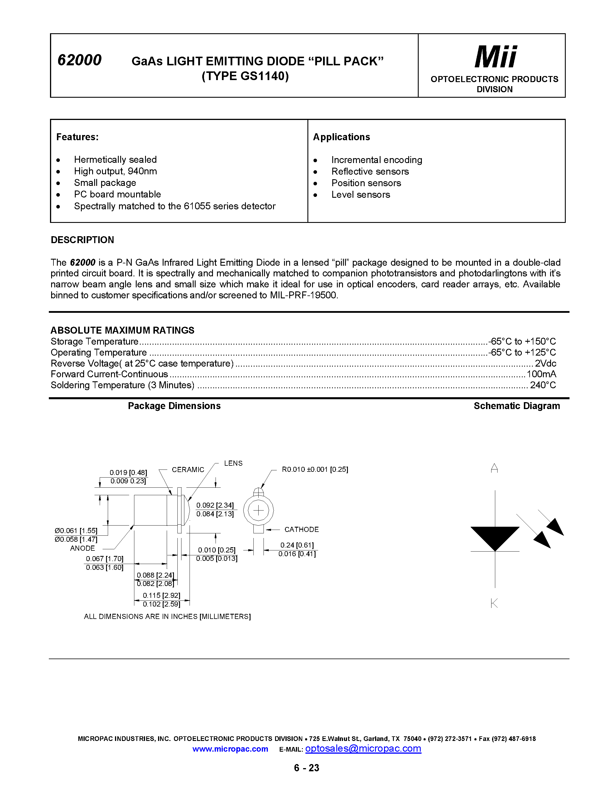 Datasheet 62000-002 page 1 Datasheet 62000-002 - GaAs LIGHT EMITTING DIODE PILL PACK page 1