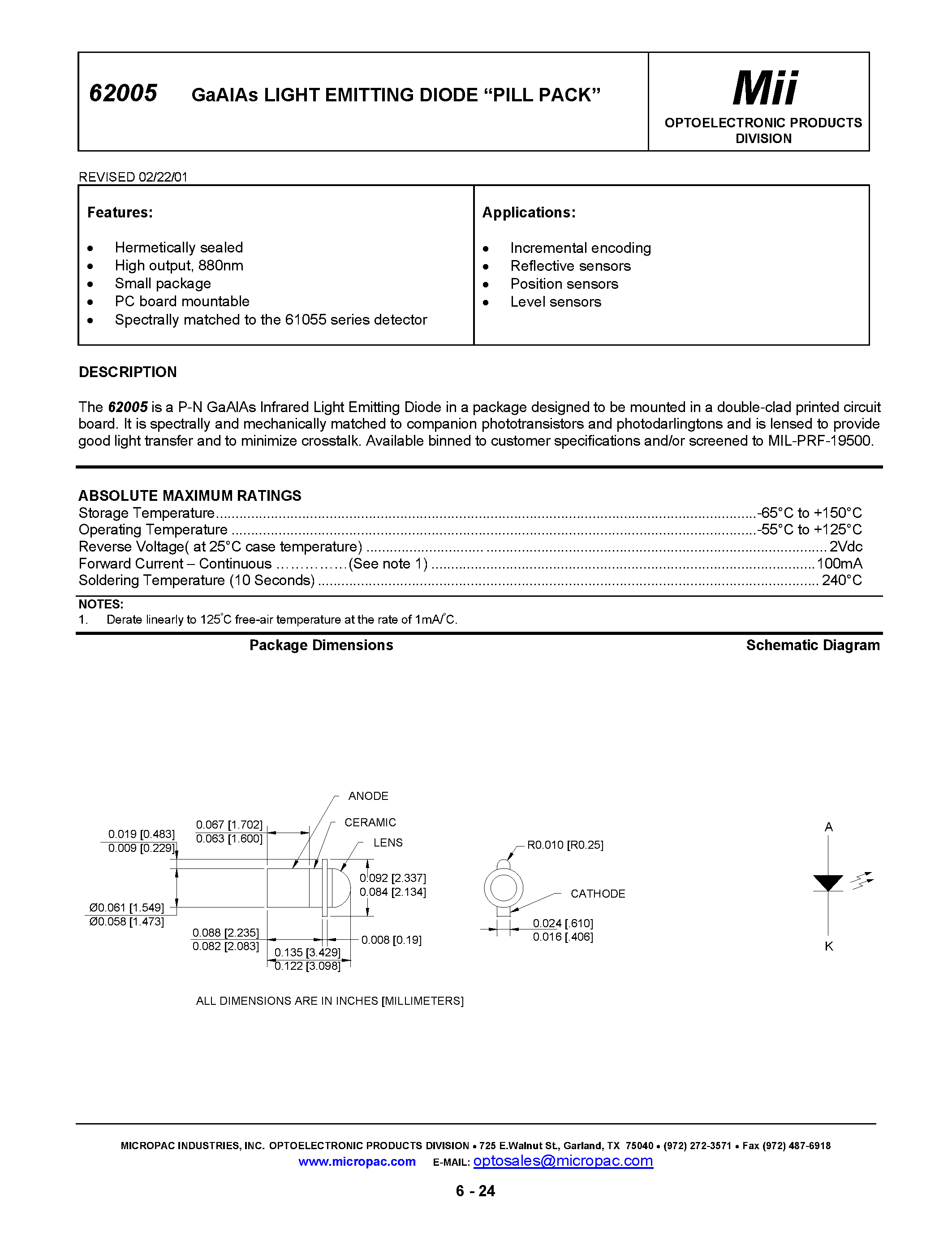 Datasheet 62005-002 page 1 Datasheet 62005-002 - GaAlAs LIGHT EMITTING DIODE PILL PACK page 1