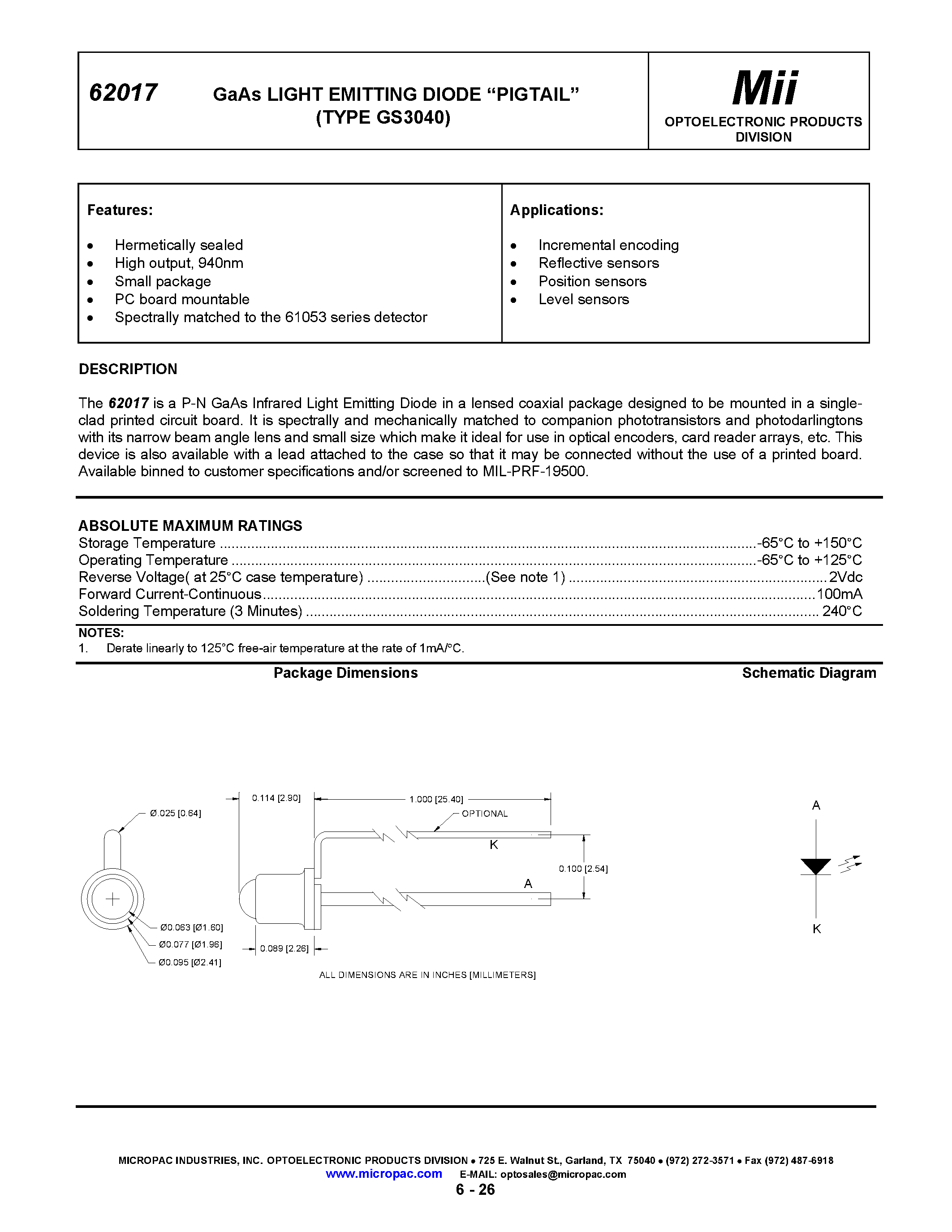 Datasheet 62017 - GaAs LIGHT EMITTING DIODE PIGTAIL page 1