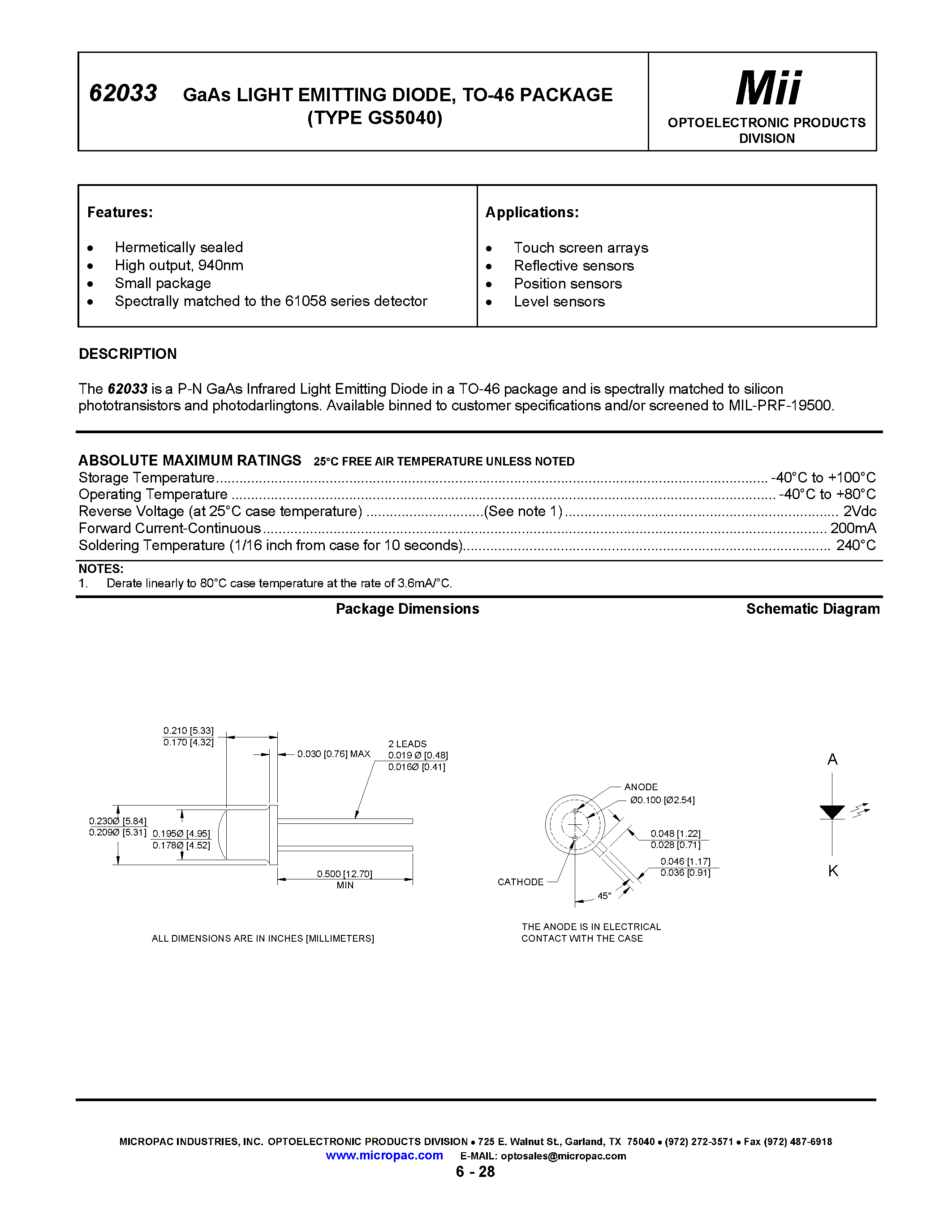 Datasheet 62033-003 page 1 Datasheet 62033-003 - GaAs LIGHT EMITTING DIODE/ TO-46 PACKAGE page 1