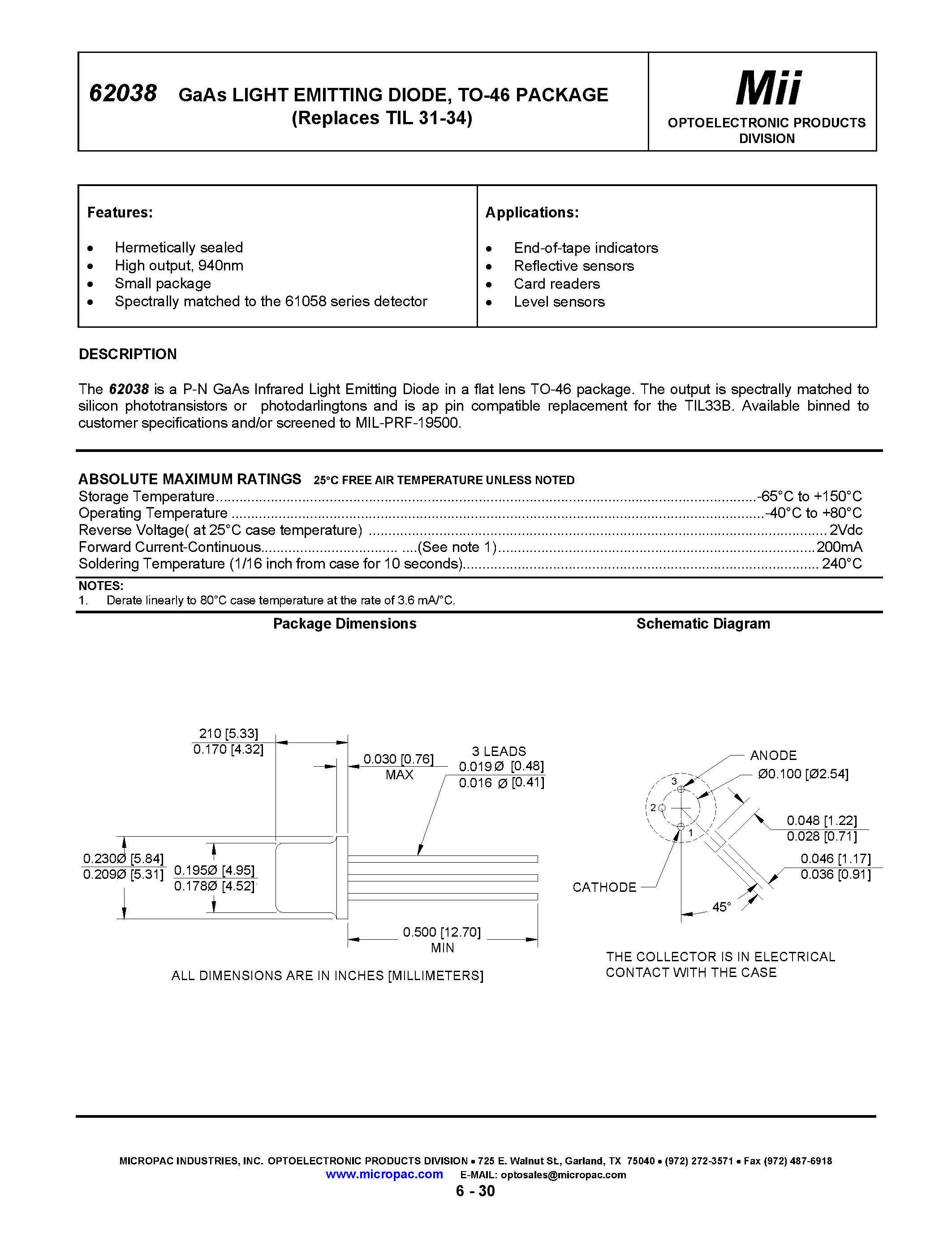 Datasheet 62038-003 page 1 Datasheet 62038-003 - GaAs LIGHT EMITTING DIODE/ TO-46 PACKAGE page 1