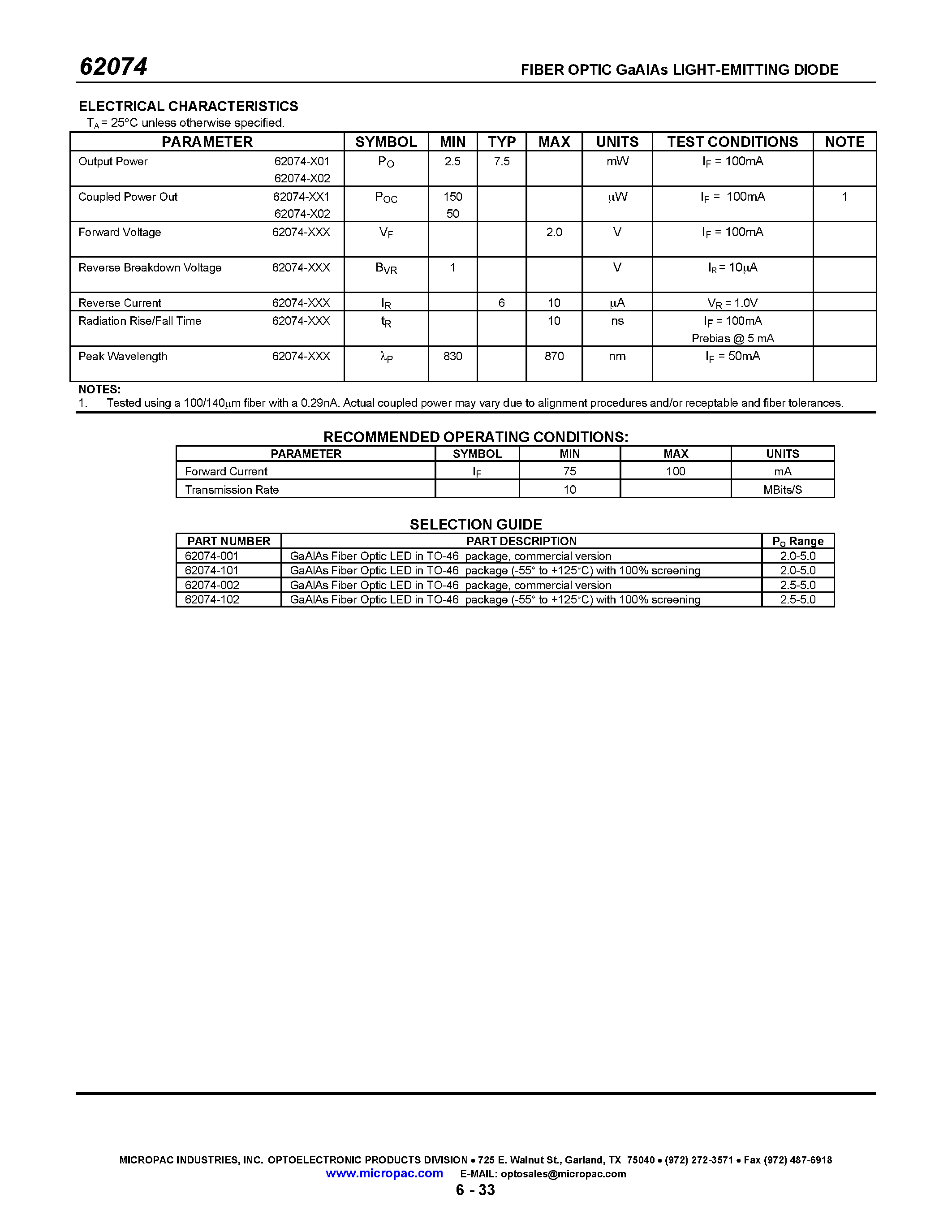 Datasheet 62074 page 2 Datasheet 62074 - FIBER OPTIC GaAlAs LIGHT EMITTING DIODE page 2