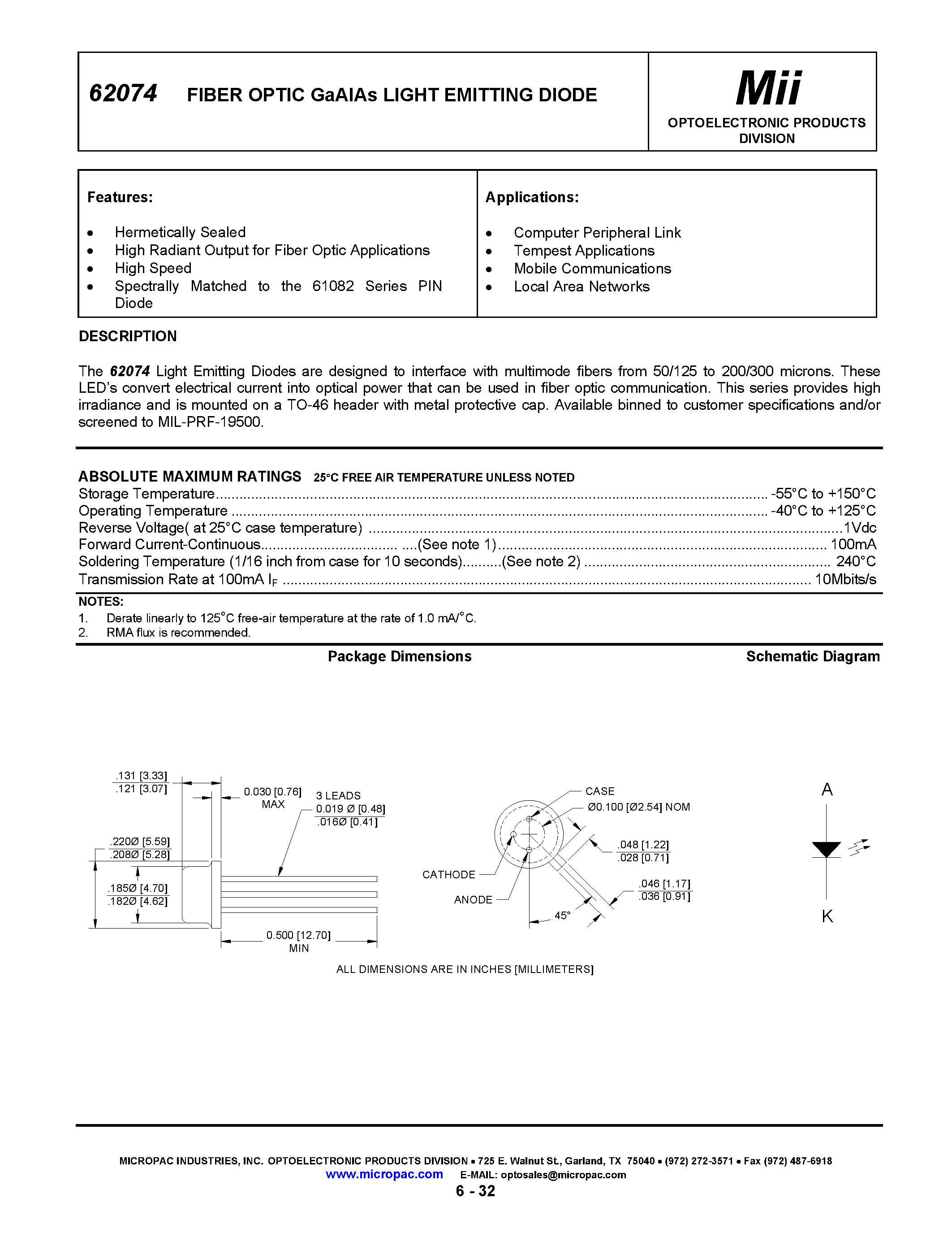 Datasheet 62074-102 page 1 Datasheet 62074-102 - FIBER OPTIC GaAlAs LIGHT EMITTING DIODE page 1