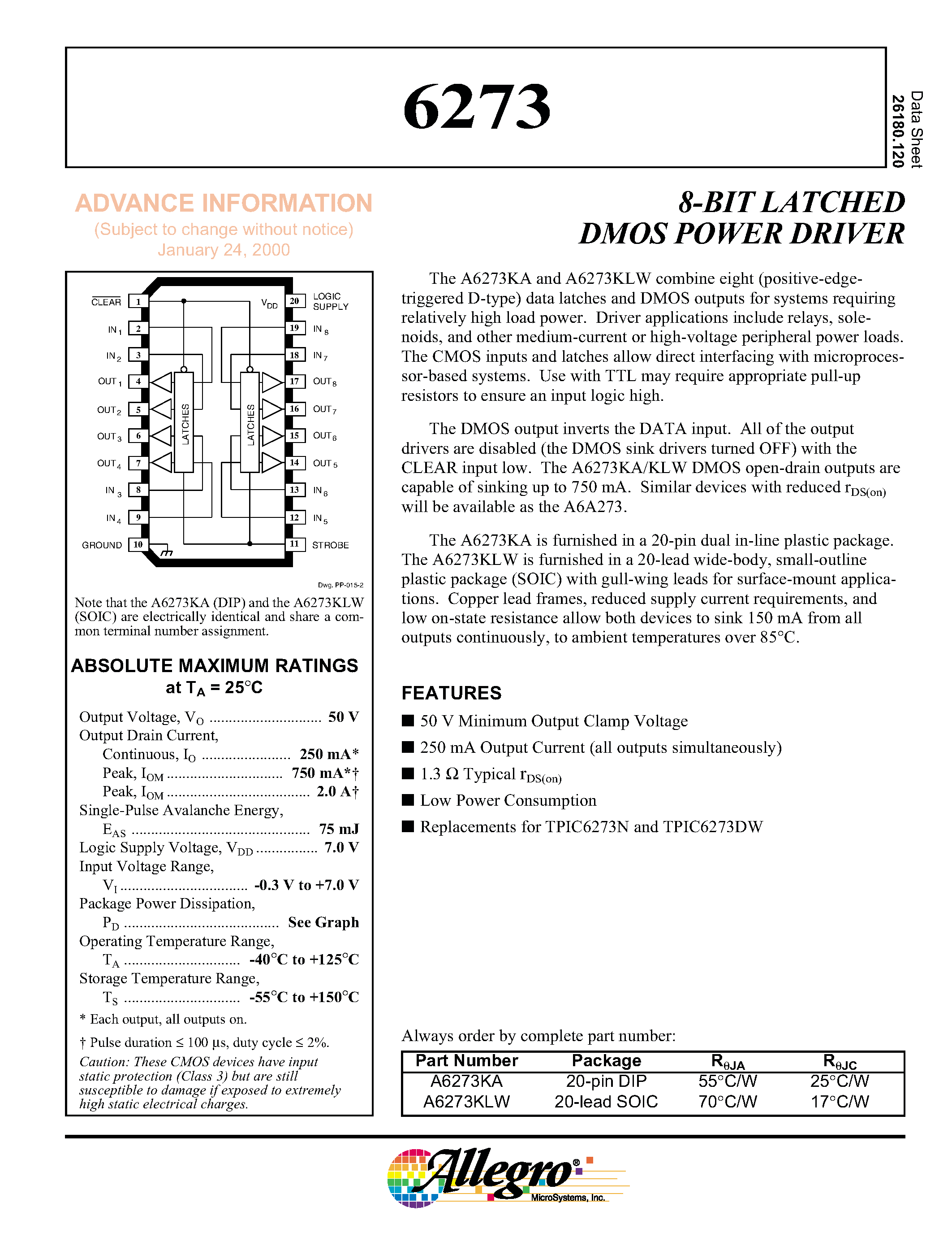 Даташит 6273 - 8-BIT LATCHED DMOS POWER DRIVER страница 1