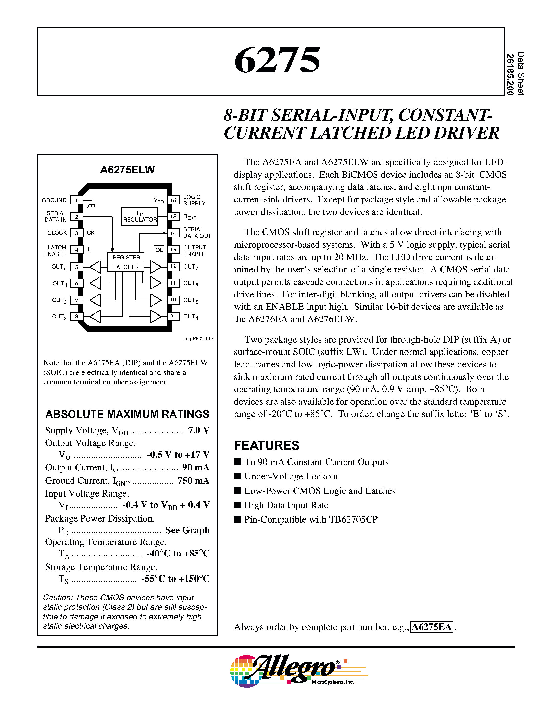 Даташит 6275 - 8-BIT SERIAL-INPUT/ CONSTANTCURRENT LATCHED LED DRIVER страница 1