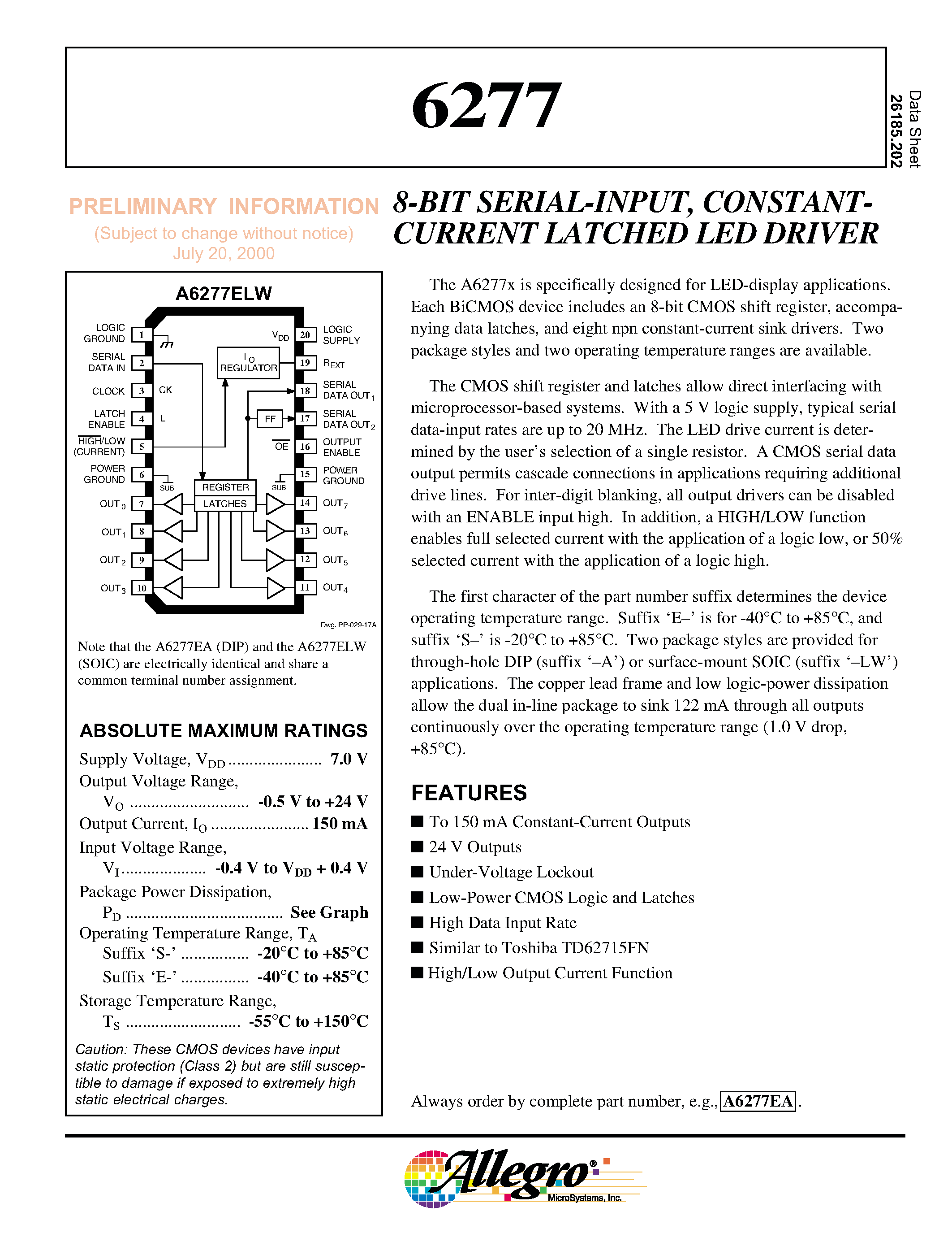 Даташит 6277 - 8-BIT SERIAL-INPUT/ CONSTANTCURRENT LATCHED LED DRIVER страница 1