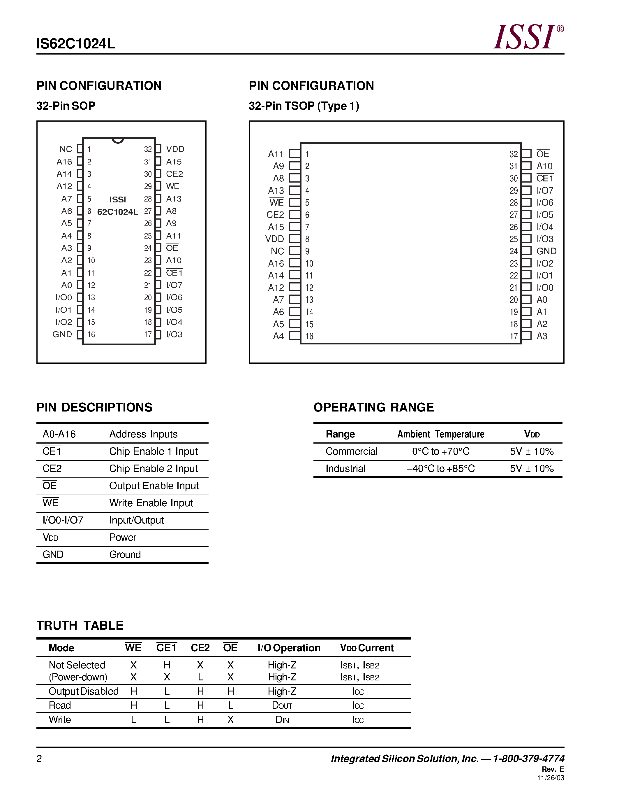 Datasheet 62C1024L - 128K x 8 LOW POWER CMOS STATIC RAM page 2