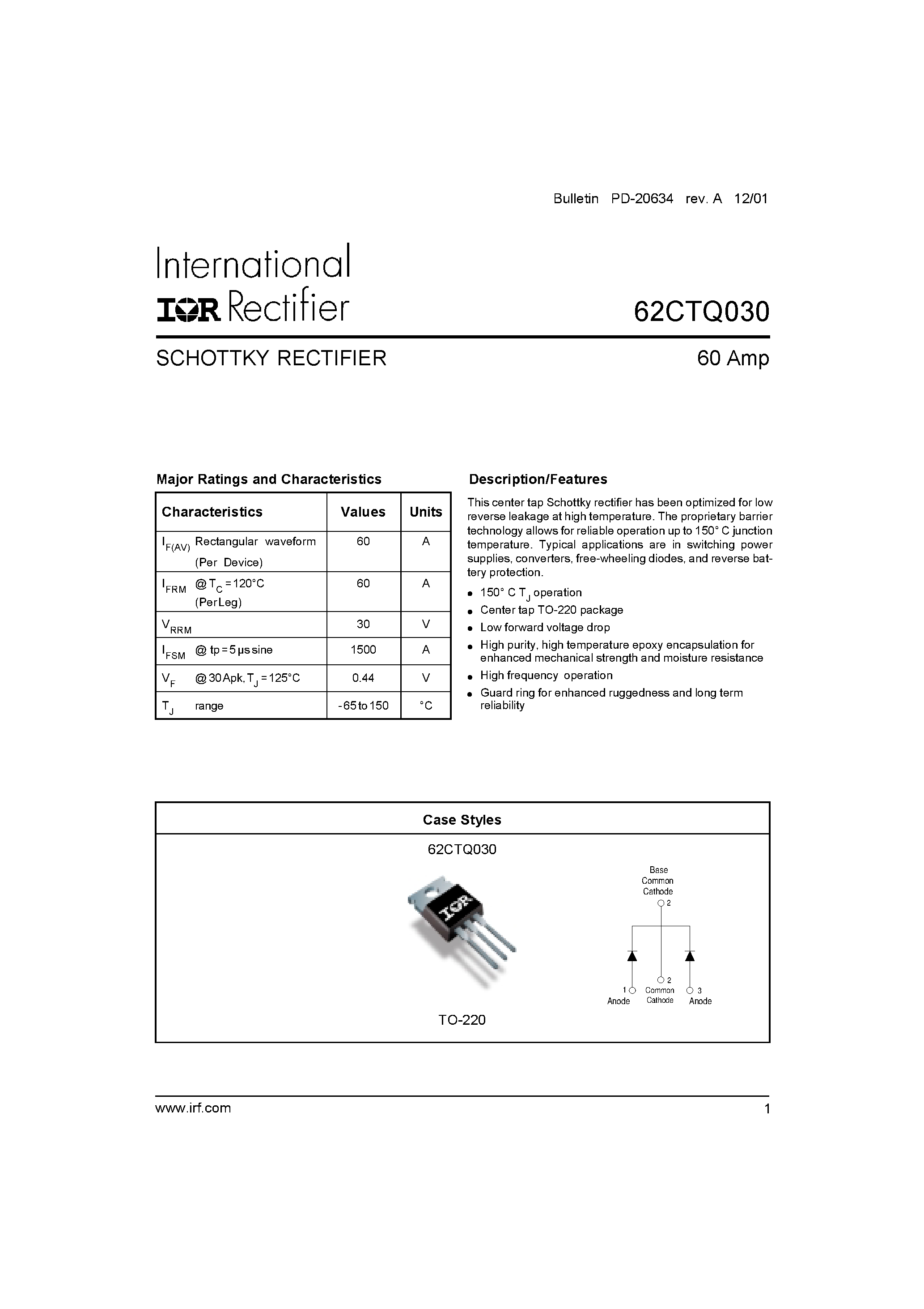 Datasheet 62CTQ030 - SCHOTTKY RECTIFIER page 1