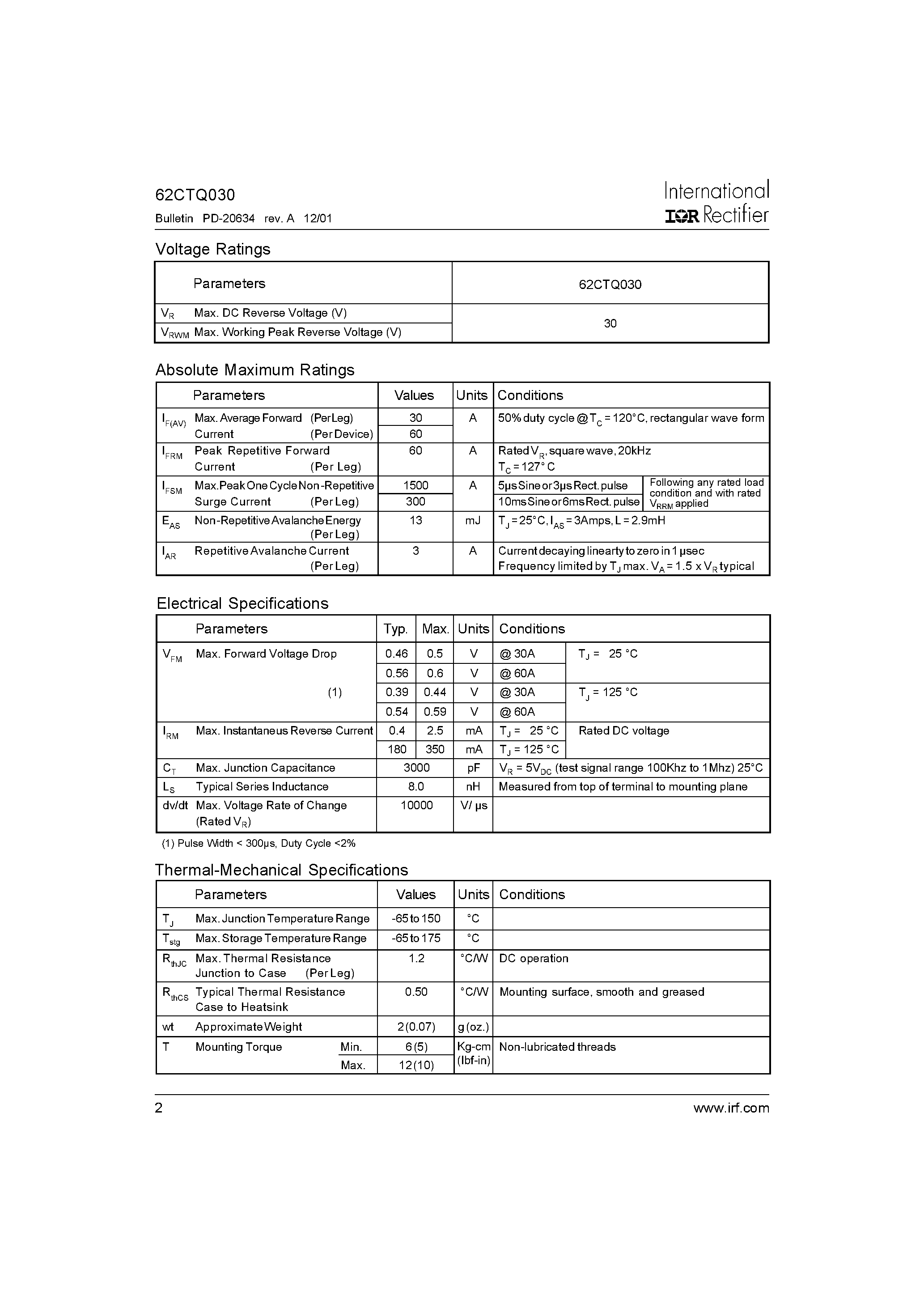 Datasheet 62CTQ030 - SCHOTTKY RECTIFIER page 2