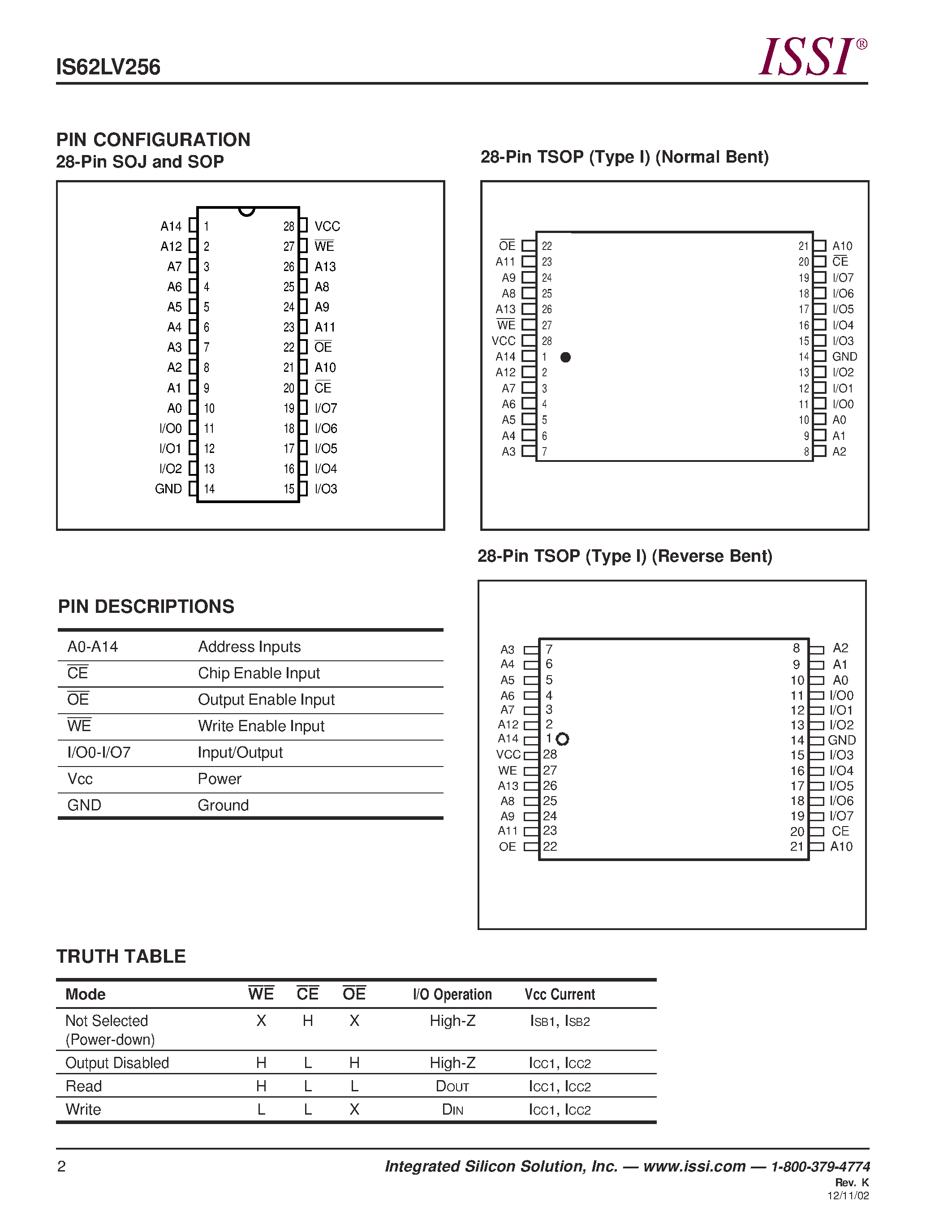 Datasheet 62LV256 - 32K x 8 LOW VOLTAGE STATIC RAM page 2