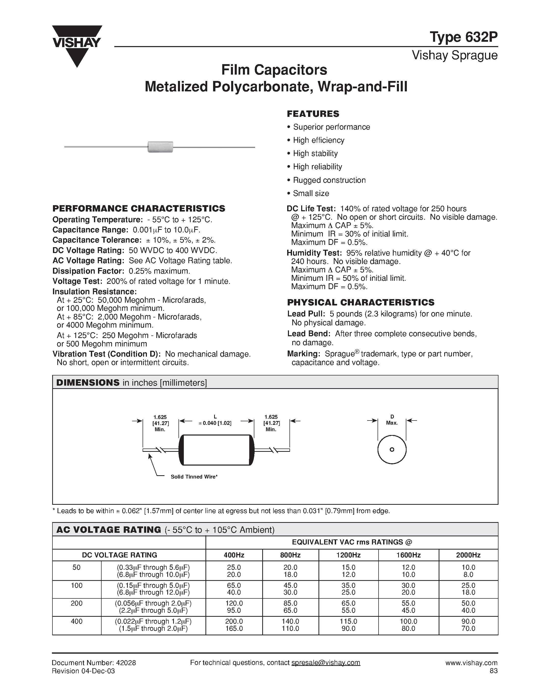 Datasheet 632P - Film Capacitors Metalized Polycarbonate/ Wrap-and-Fill page 1