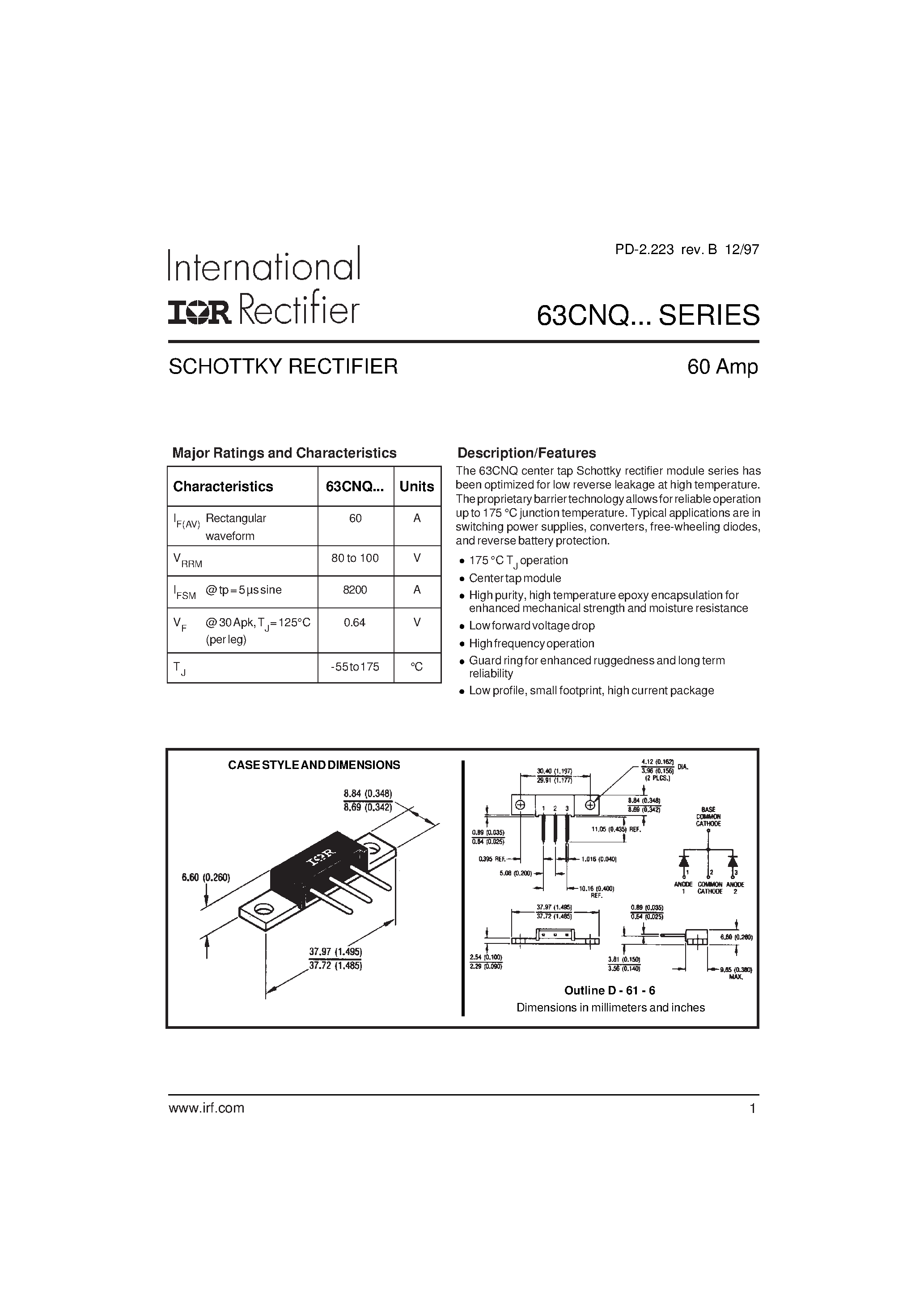 Datasheet 63CNQ080 - SCHOTTKY RECTIFIER page 1
