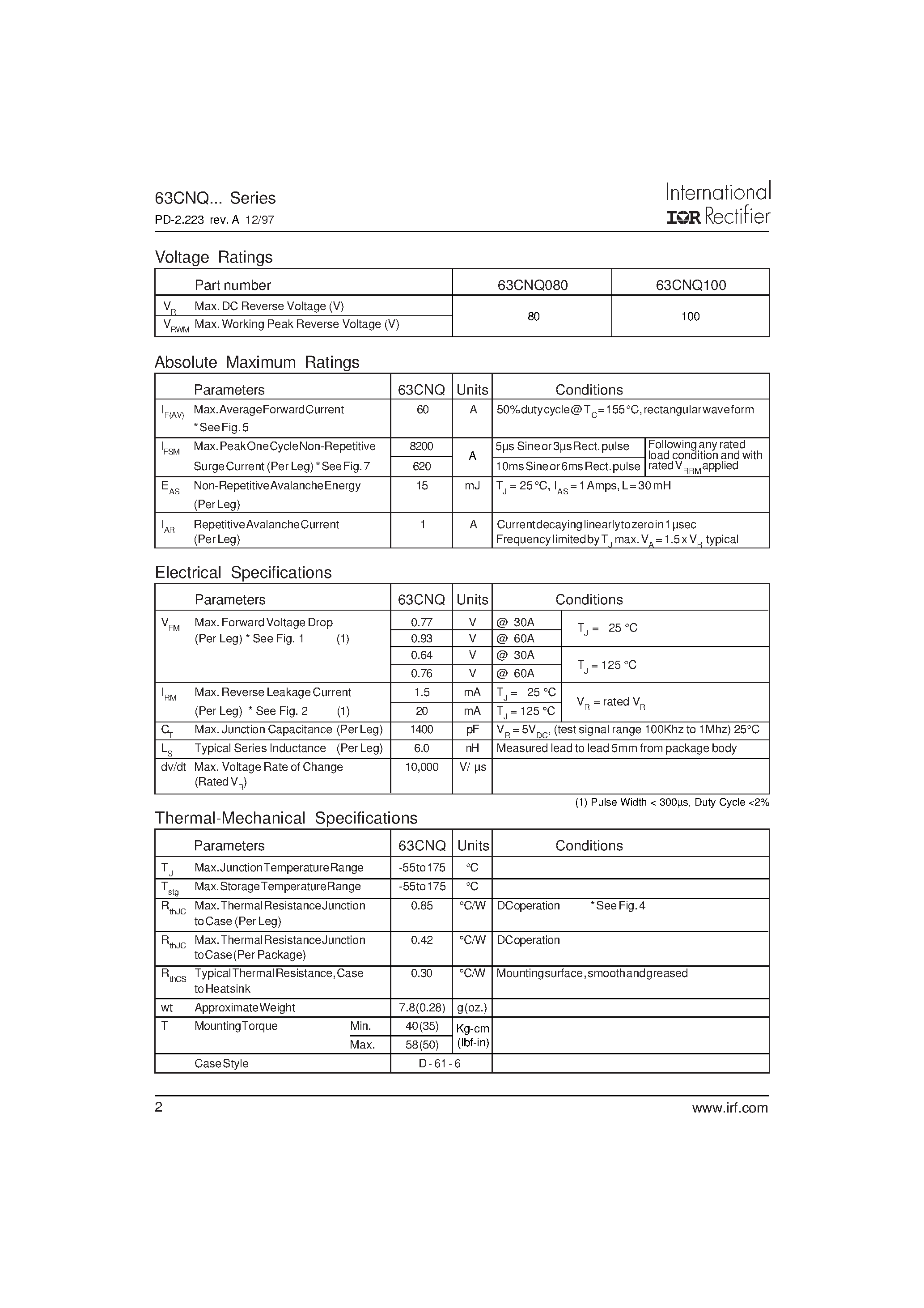 Datasheet 63CNQ080 - SCHOTTKY RECTIFIER page 2