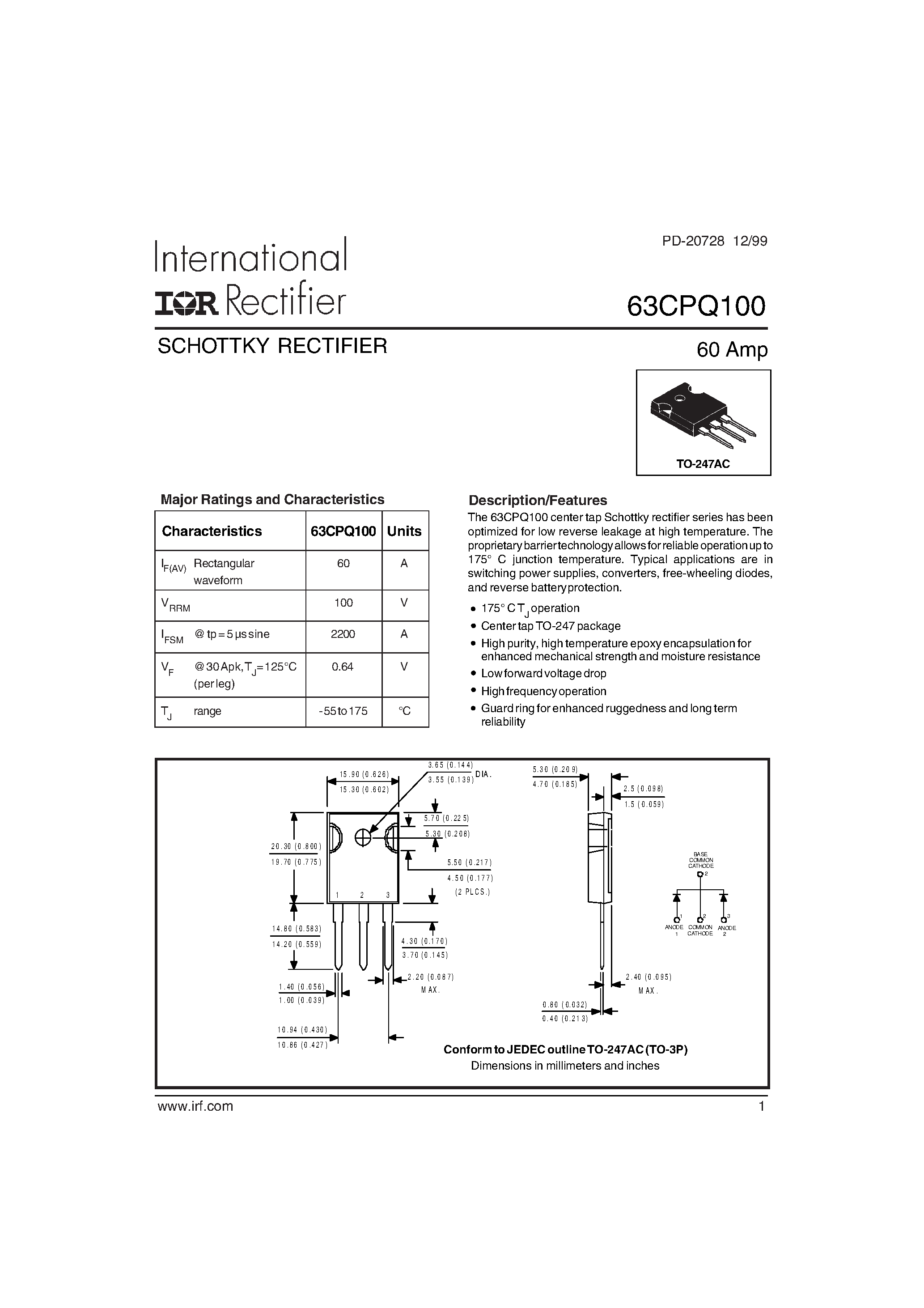 Datasheet 63CPQ100 page 1 Datasheet 63CPQ100 - SCHOTTKY RECTIFIER page 1