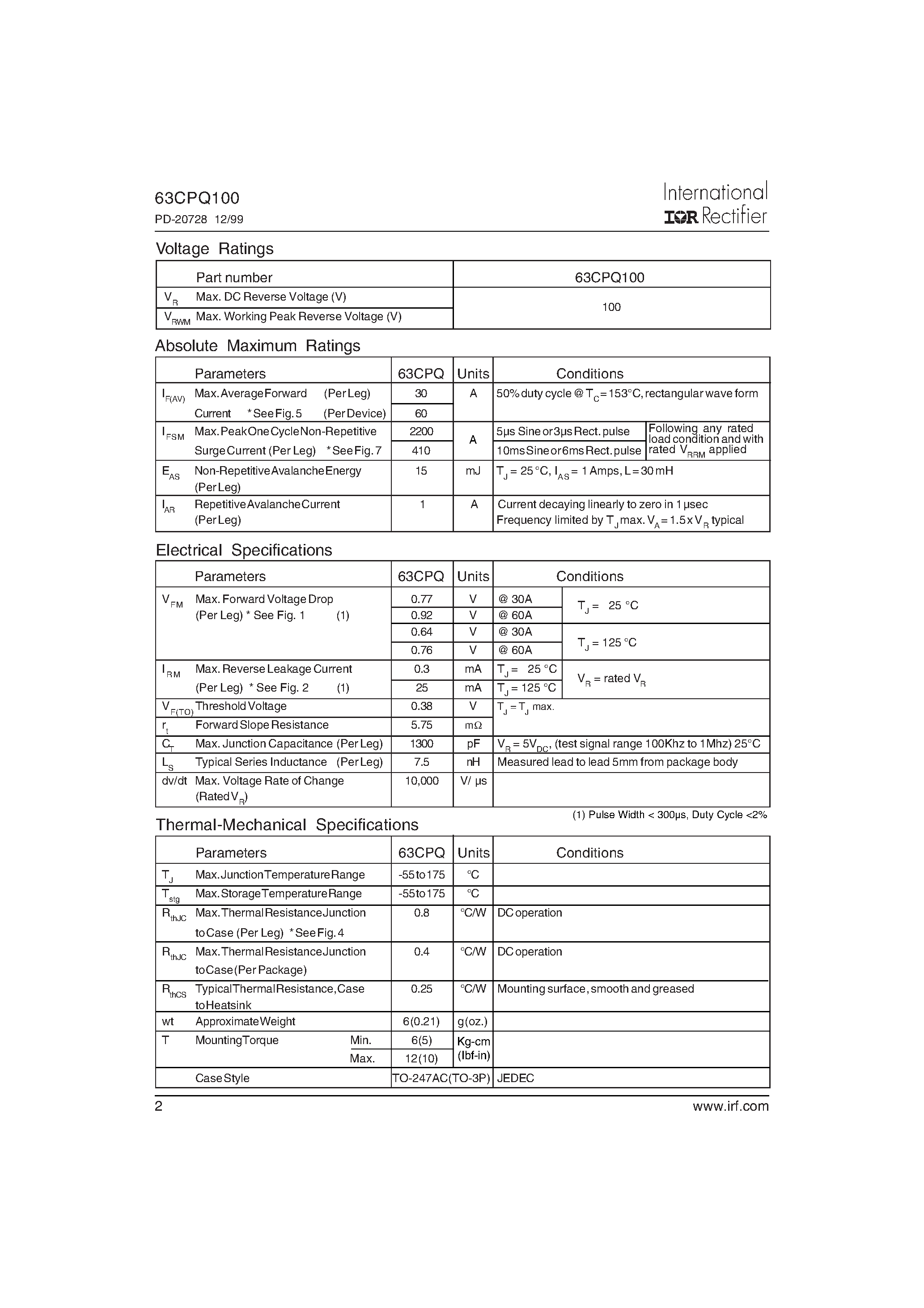 Datasheet 63CPQ100 page 2 Datasheet 63CPQ100 - SCHOTTKY RECTIFIER page 2