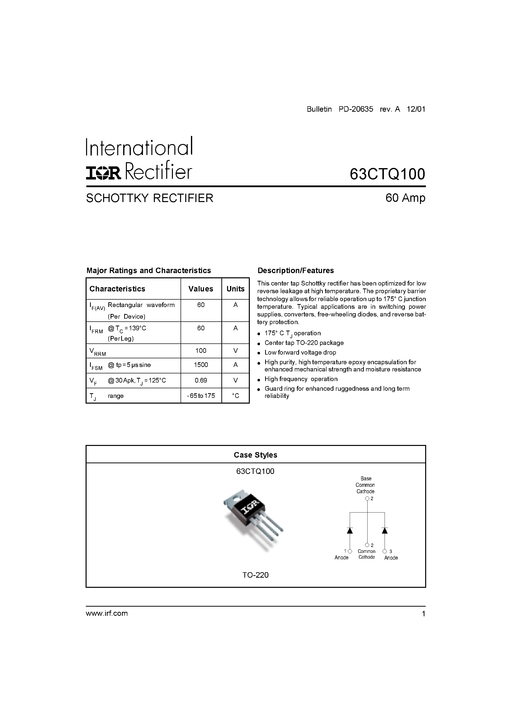 Datasheet 63CTQ100 - SCHOTTKY RECTIFIER page 1