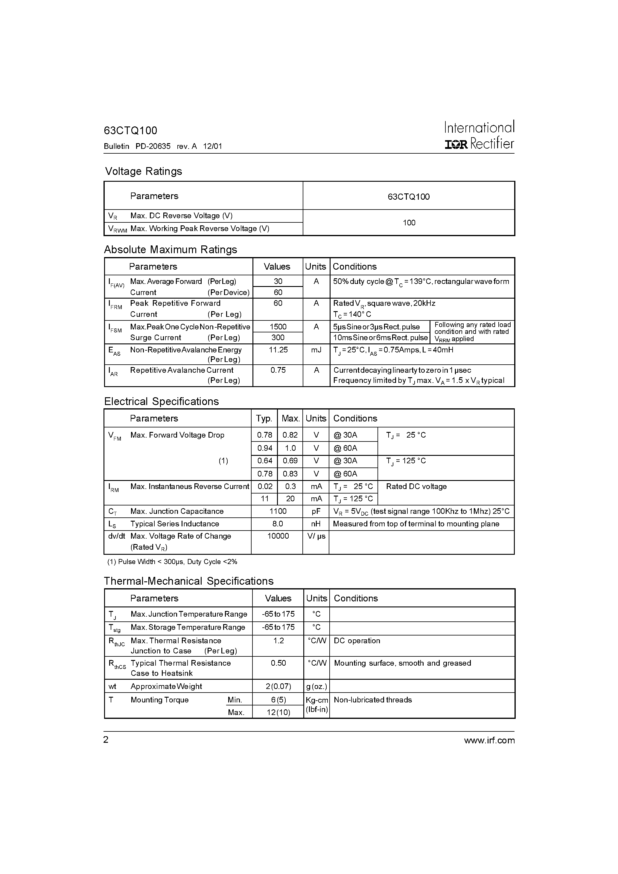 Datasheet 63CTQ100 - SCHOTTKY RECTIFIER page 2