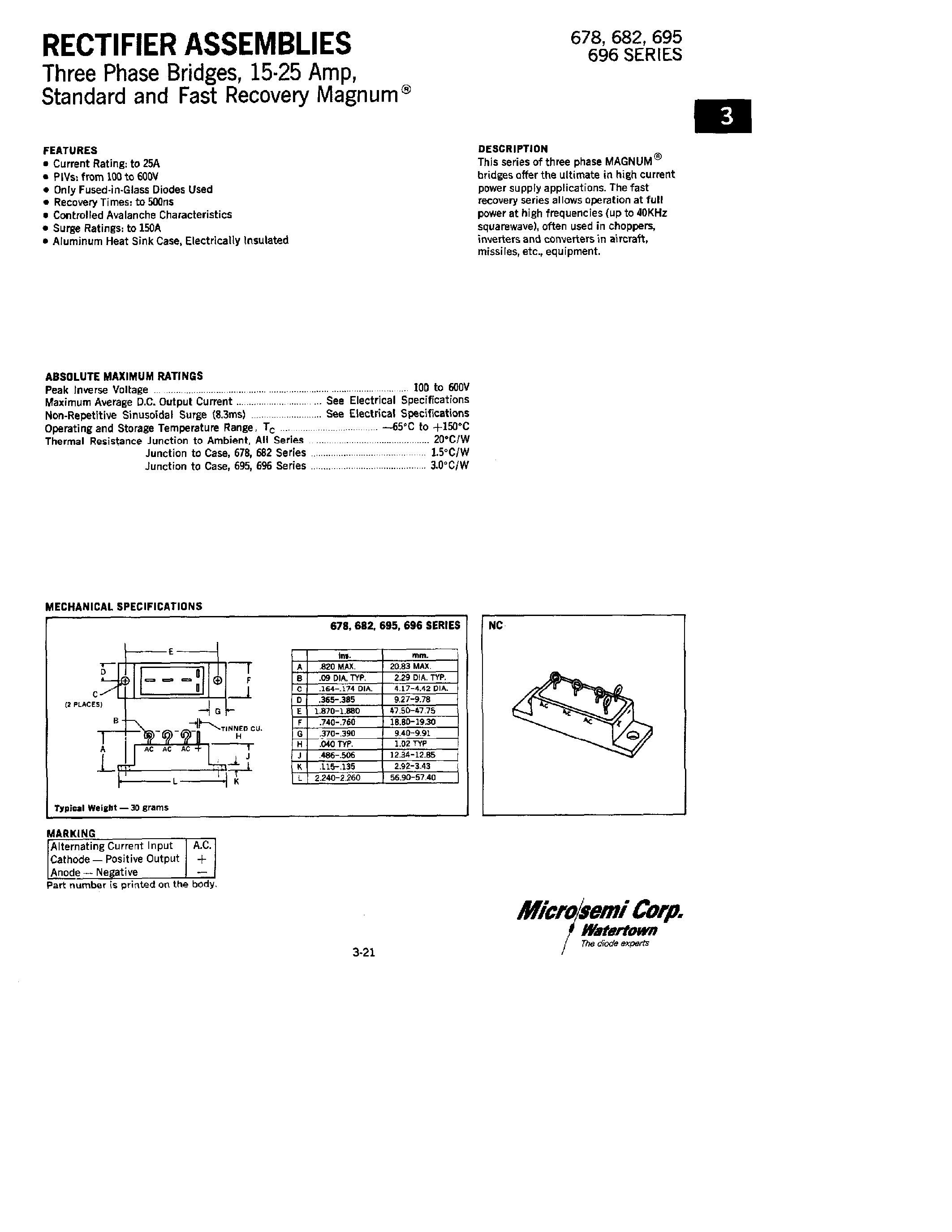 Datasheet 678 page 1 Datasheet 678 - RECTIFIERS ASSEMBLIES page 1