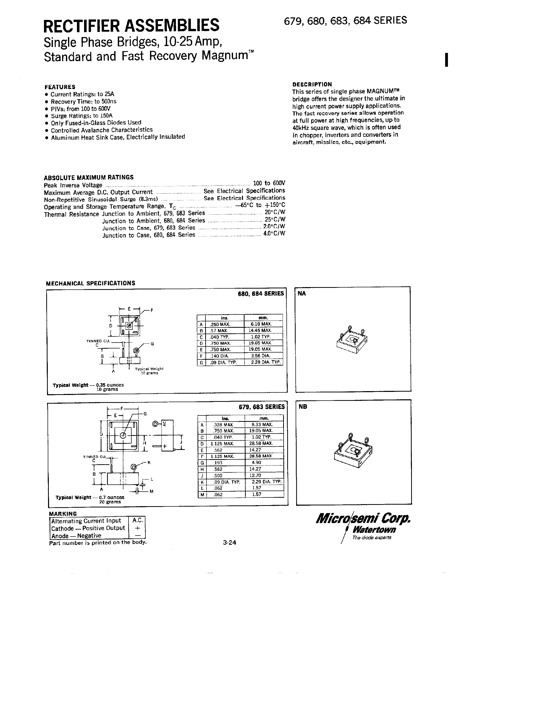 Datasheet 679 page 1 Datasheet 679 - RECTIFIERS ASSEMBLIES page 1