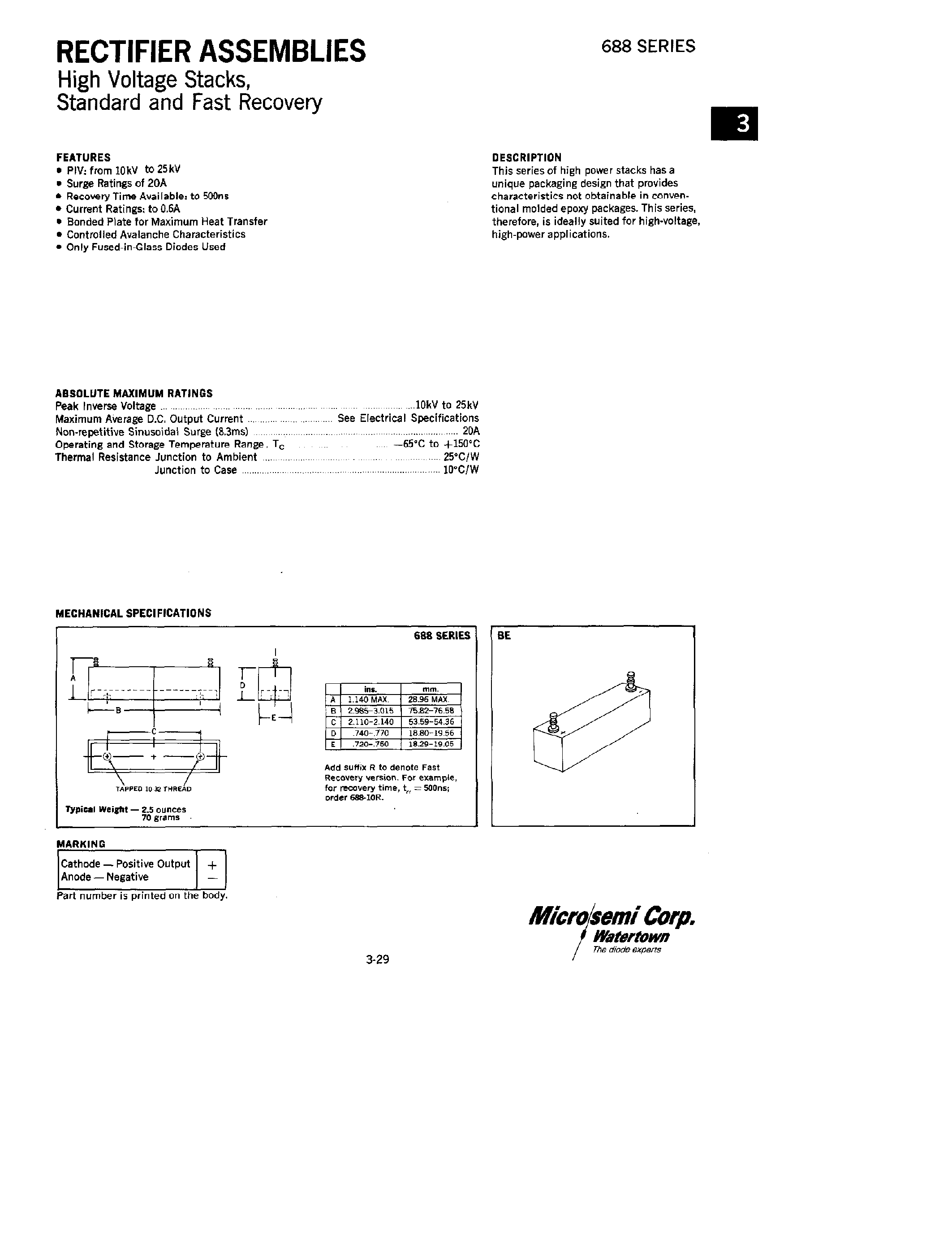 Datasheet 688-25 page 1 Datasheet 688-25 - RECTIFIERS ASSEMBLIES page 1