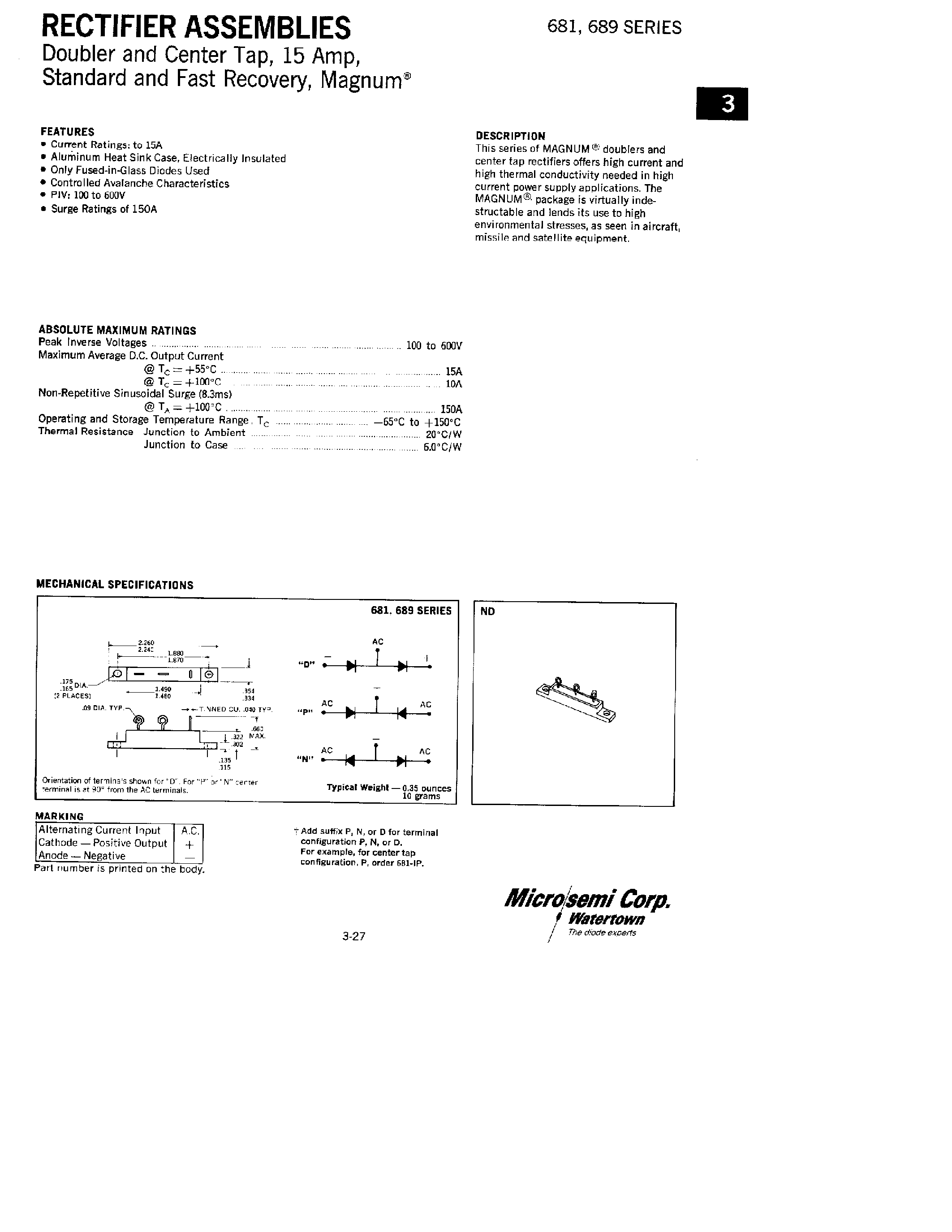 Datasheet 689-3 - RECTIFIERS ASSEMBLIES page 1