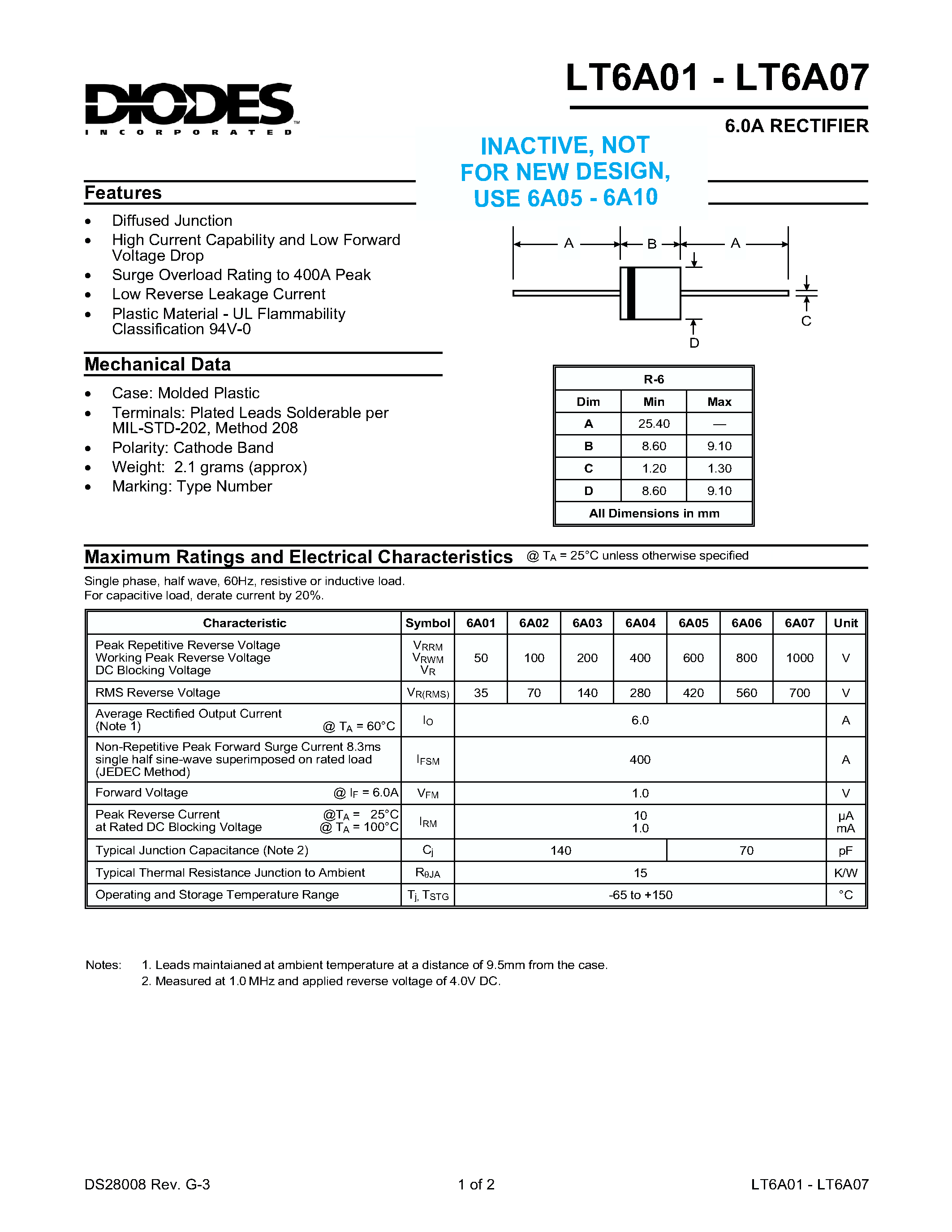 Datasheet 6A03 - 6.0A RECTIFIER page 1