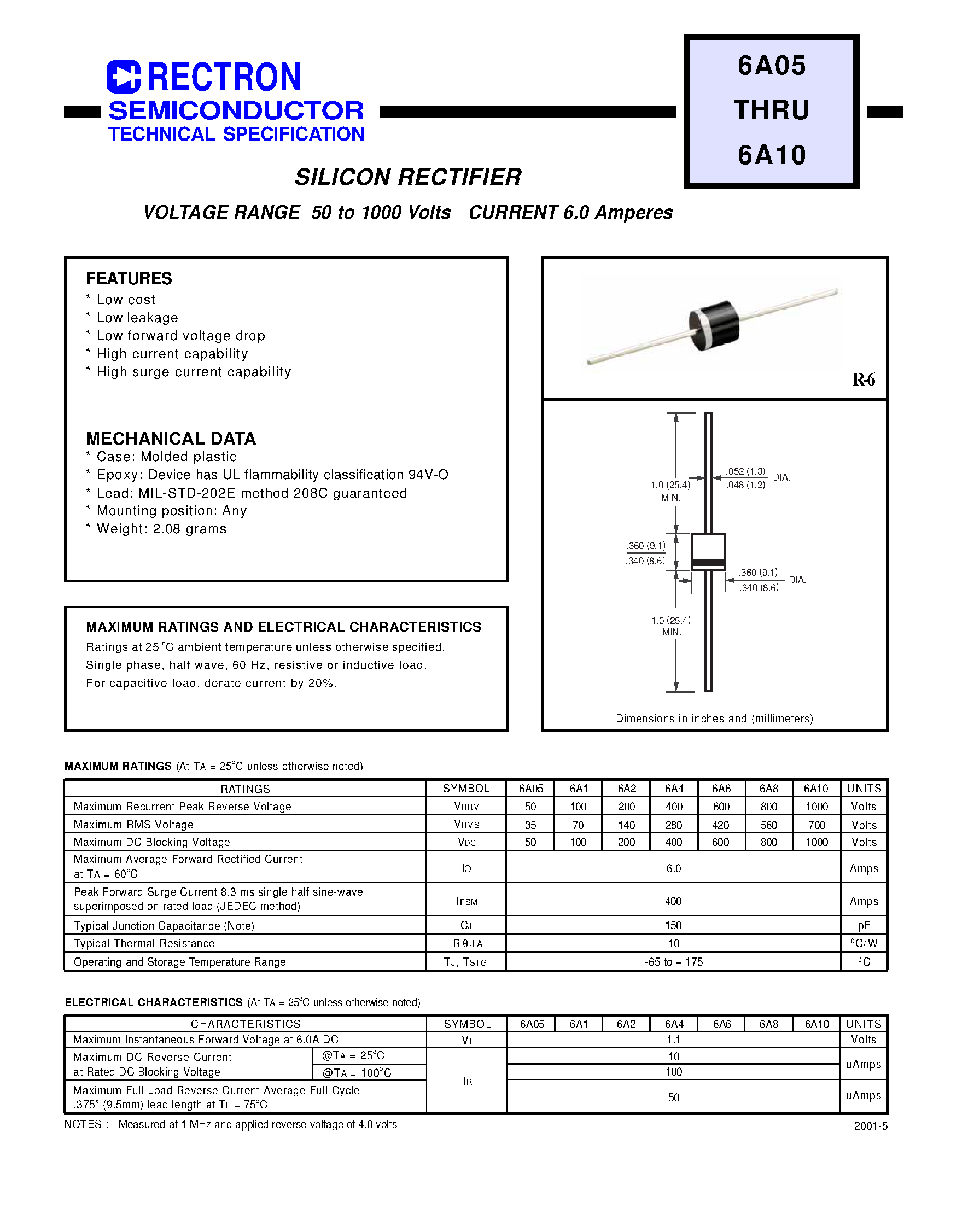 Datasheet 6A05 page 1 Datasheet 6A05 - SILICON RECTIFIER page 1
