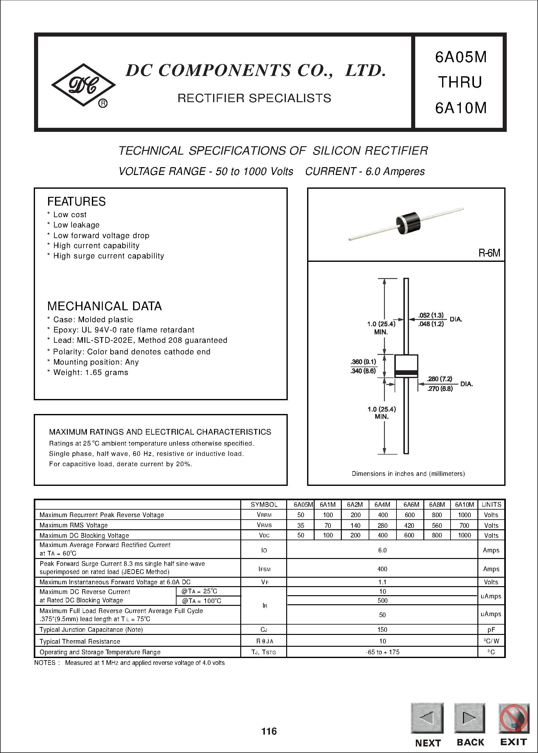 Datasheet 6A05M page 1 Datasheet 6A05M - TECHNICAL SPECIFICATIONS OF SILICON RECTIFIER page 1