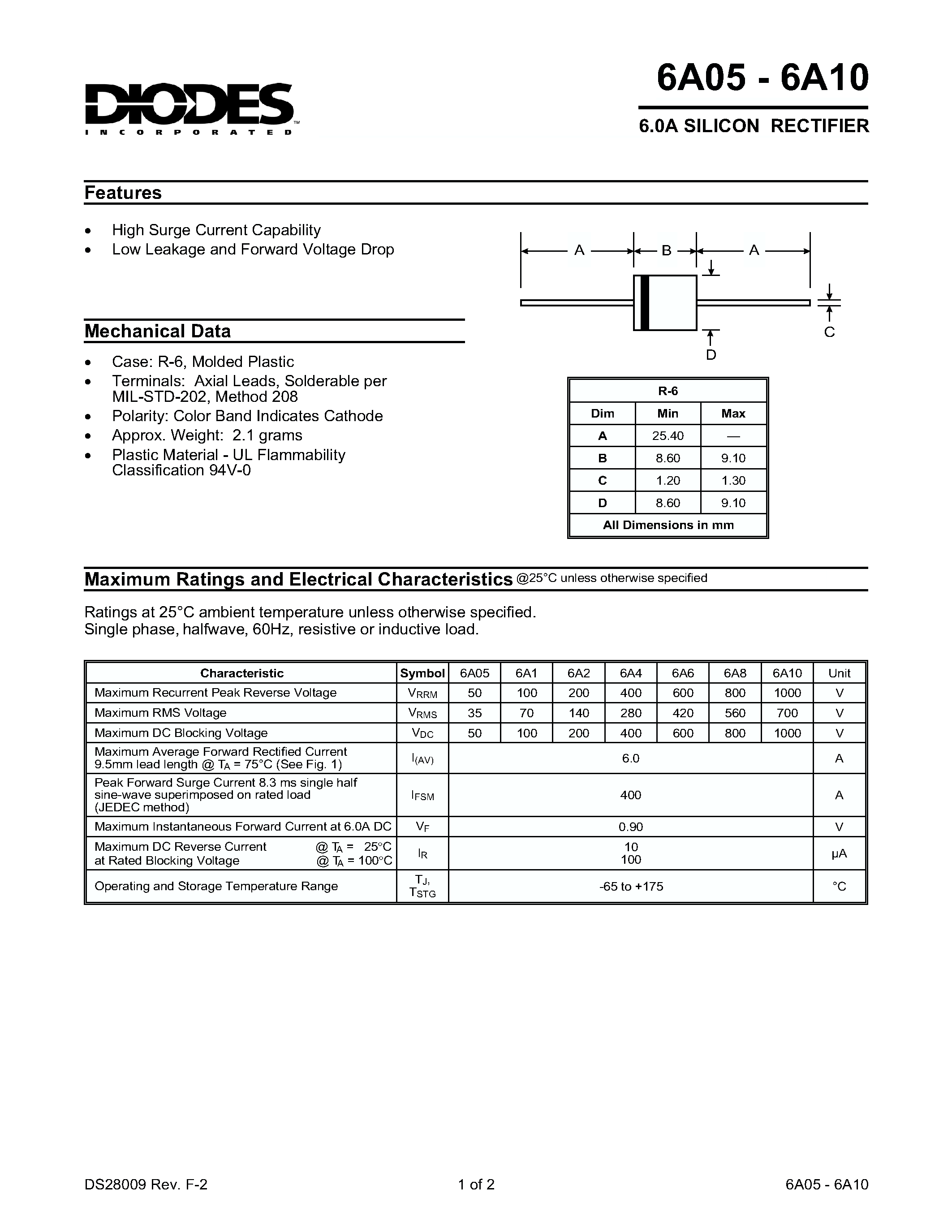 Даташит на микросхему 6A10 страница 1 Даташит 6A10 - 6.0A SILICON RECTIFIER страница 1