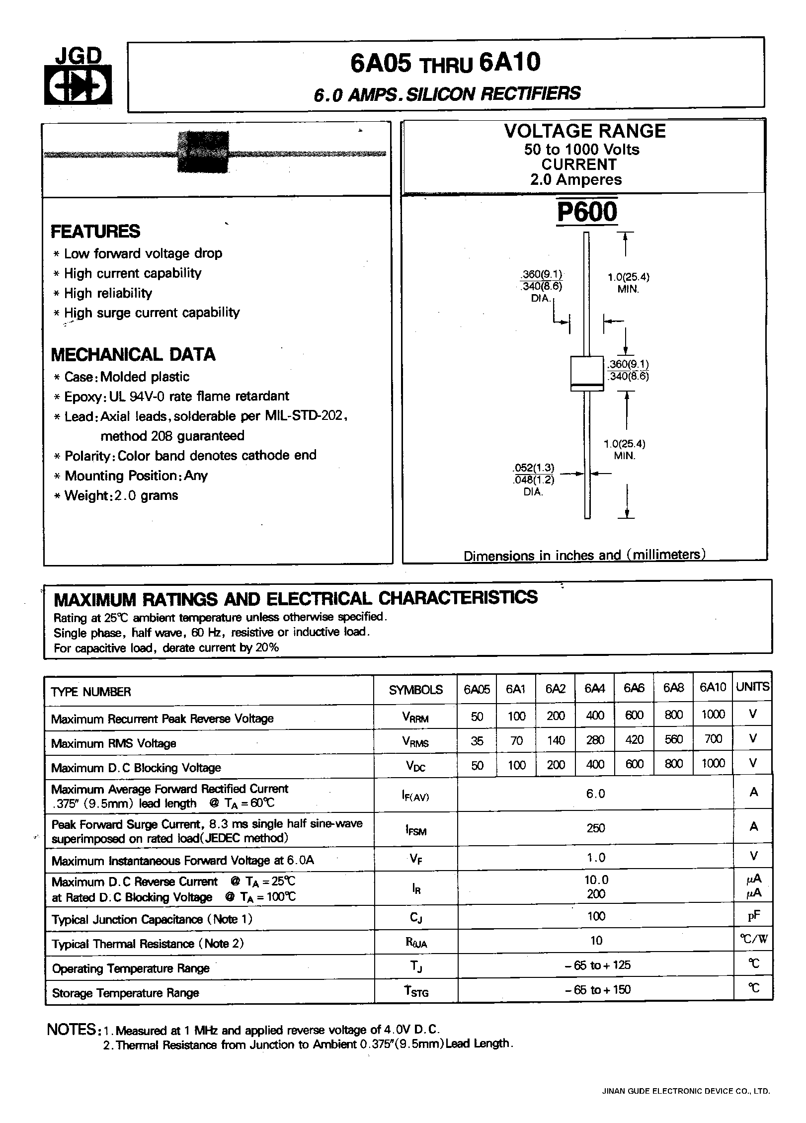 Datasheet 6A10 - 6.0 AMP.SILICON RECTIFIERS page 1