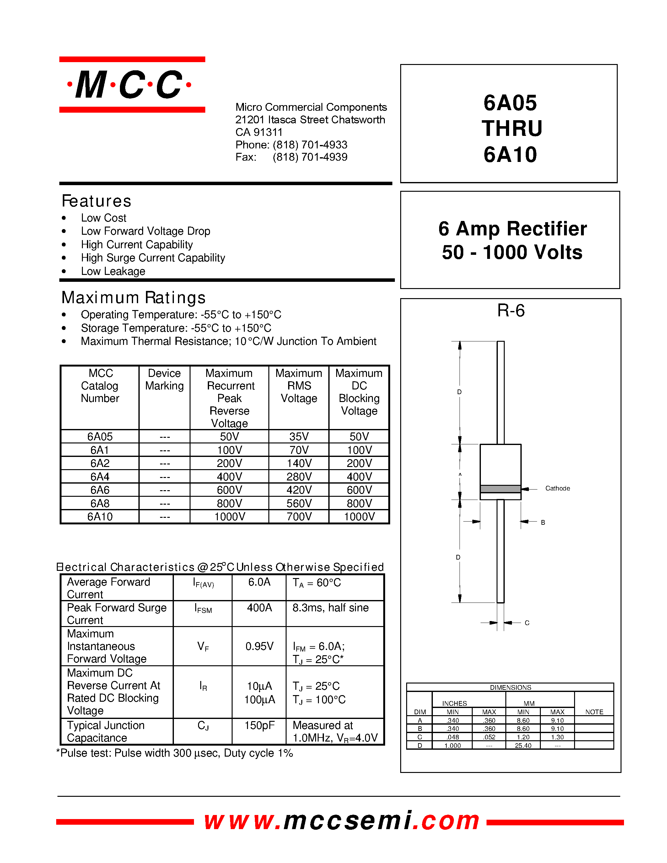 Datasheet 6A2 page 1 Datasheet 6A2 - 6 Amp Rectifier 50 - 1000 Volts page 1